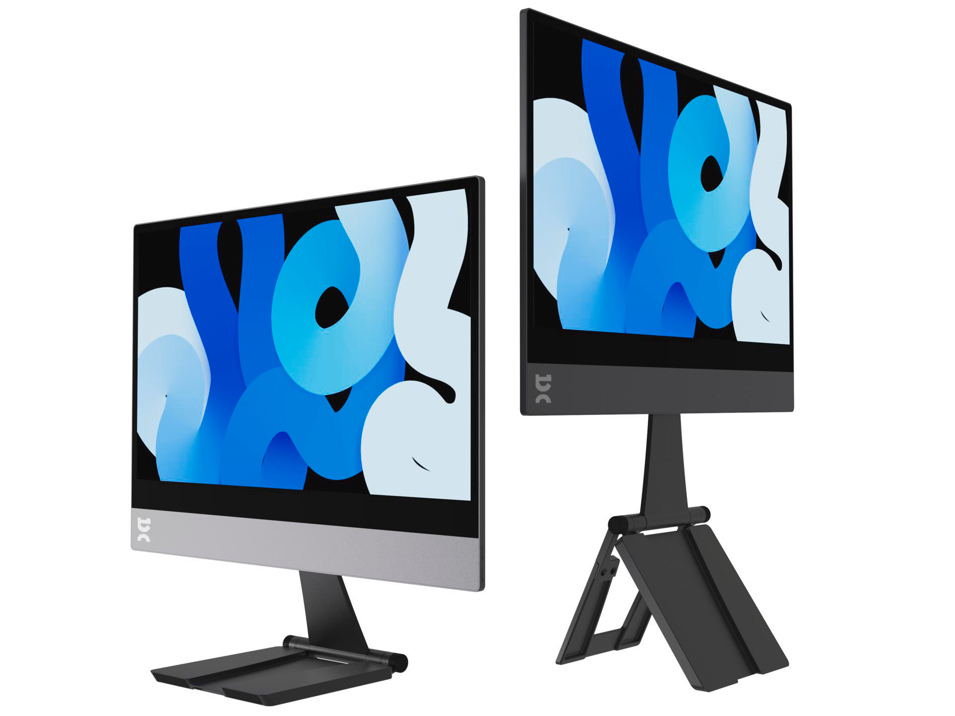 Zwei Monitore auf Ständern mit blauen und hellblauen abstrakten Formen auf dem Bildschirm.