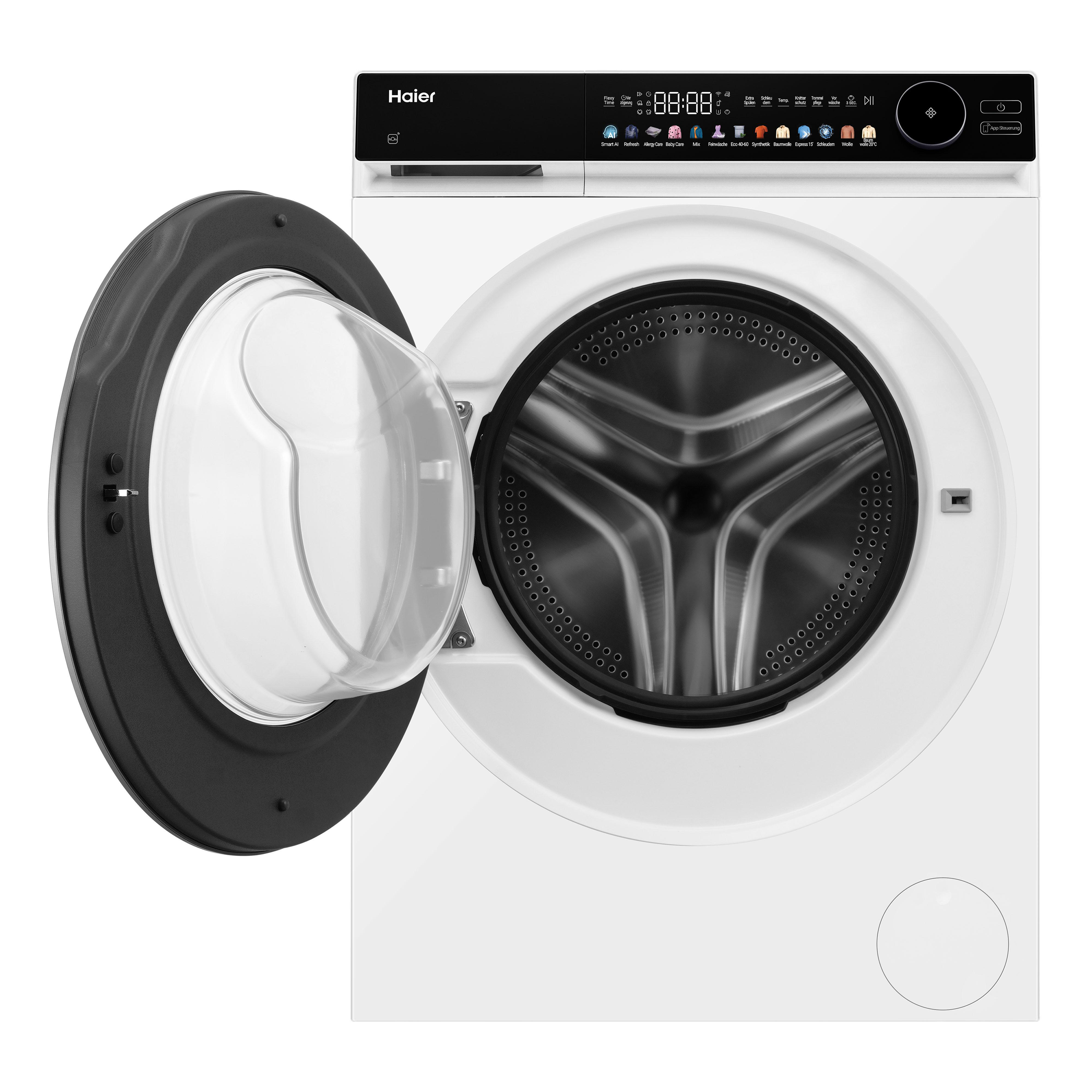 Eine weiße Haier Waschmaschine mit offener Tür und digitalem Display.