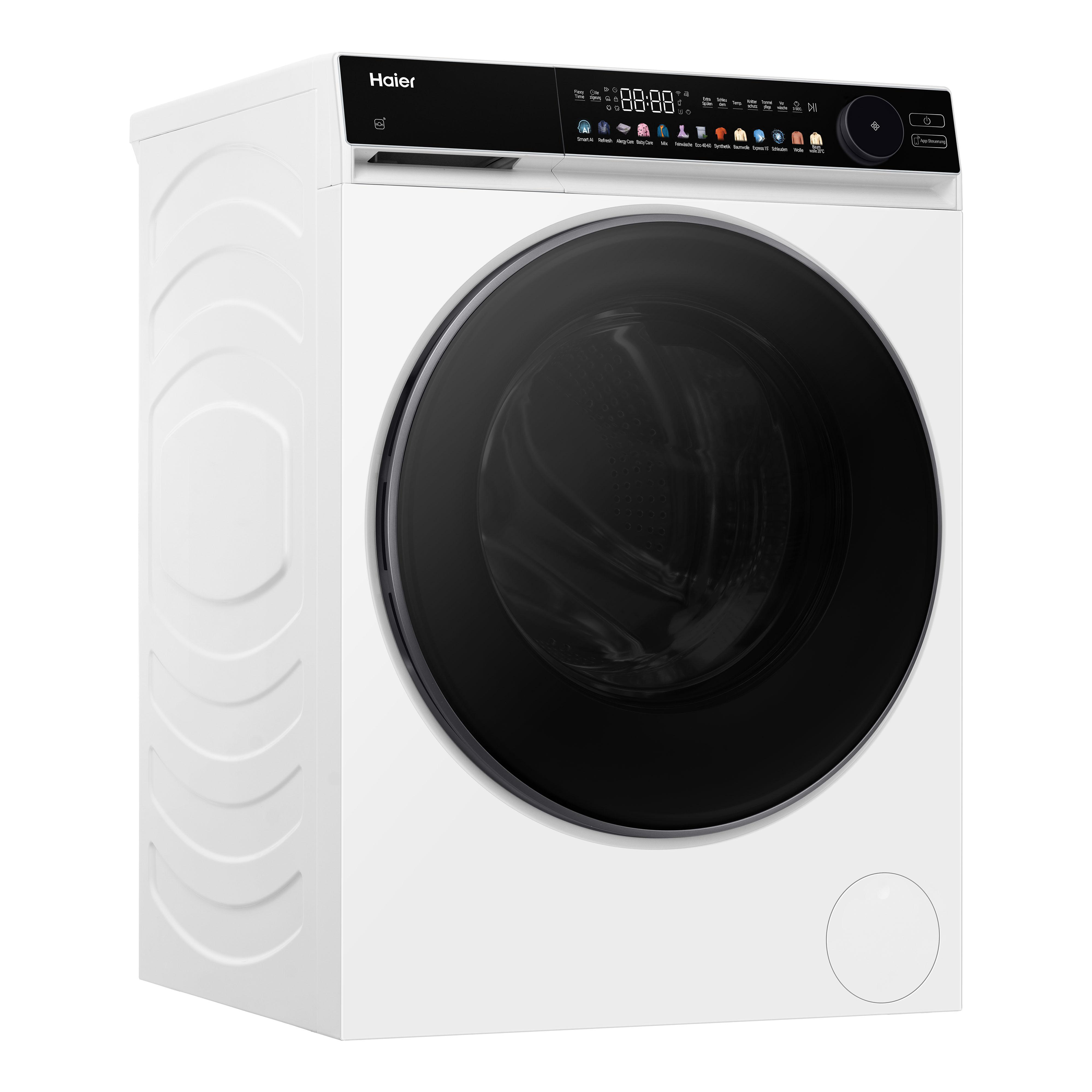 Eine weiße Haier Waschmaschine mit schwarzer Tür und digitalem Bedienfeld.