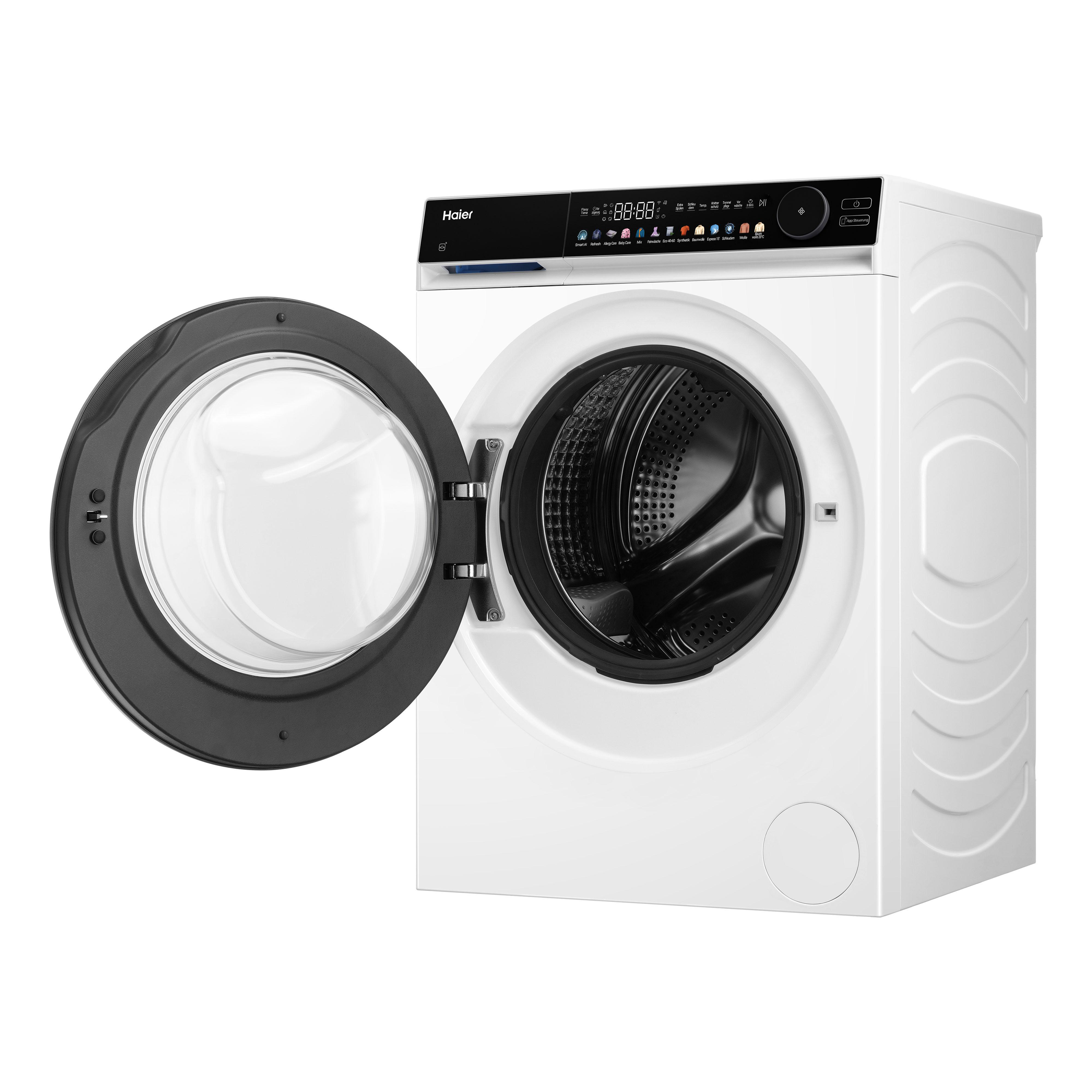 Weiße Haier Waschmaschine mit offener Tür und digitalem Display.