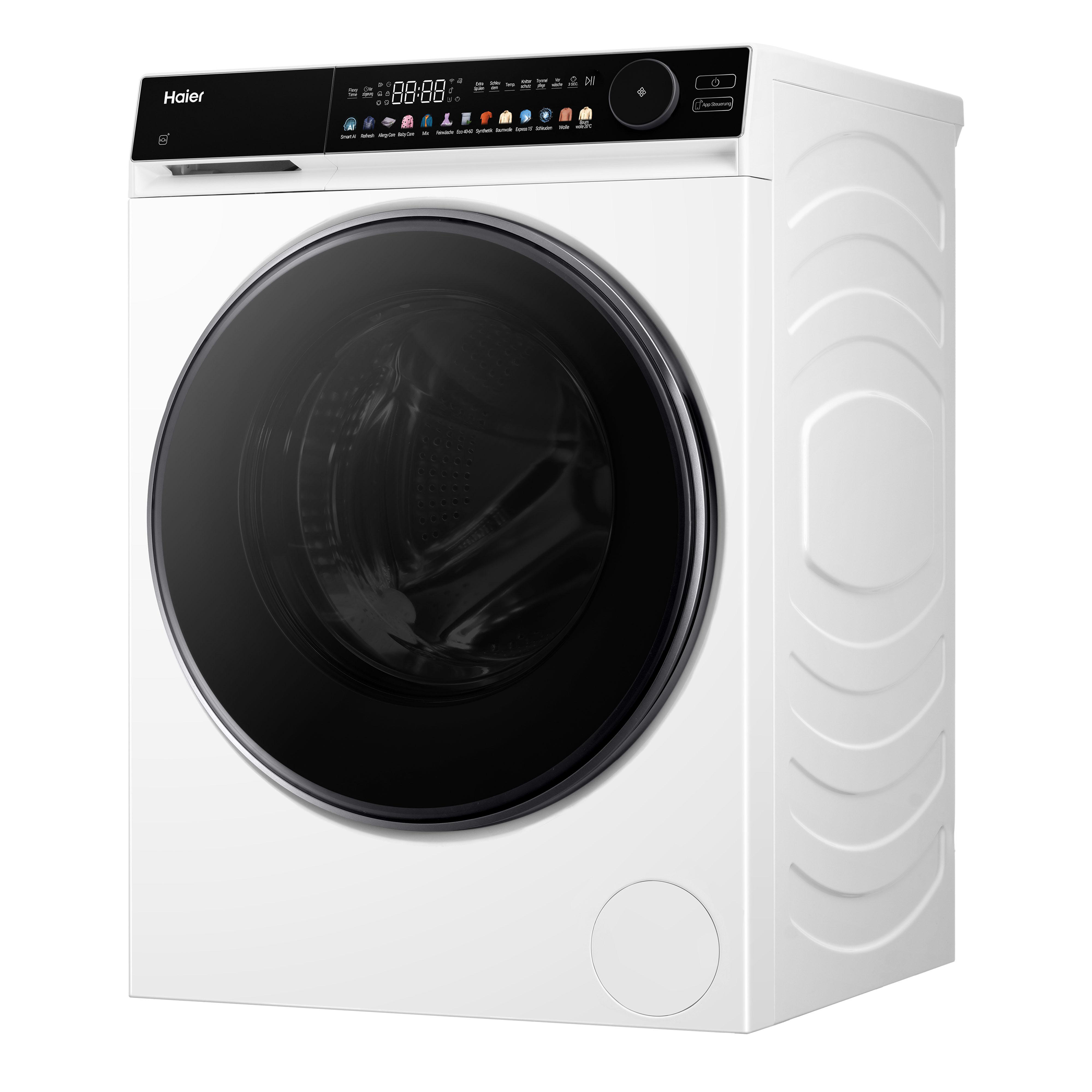 Weiße Haier Waschmaschine mit schwarzer Tür und digitalem Bedienfeld.