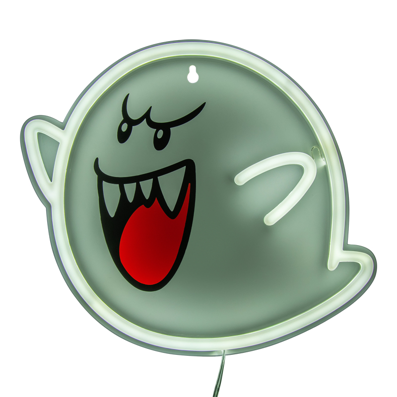 Graue Geist-Lampe mit weißem Neonrand und grimmigem Gesicht.
