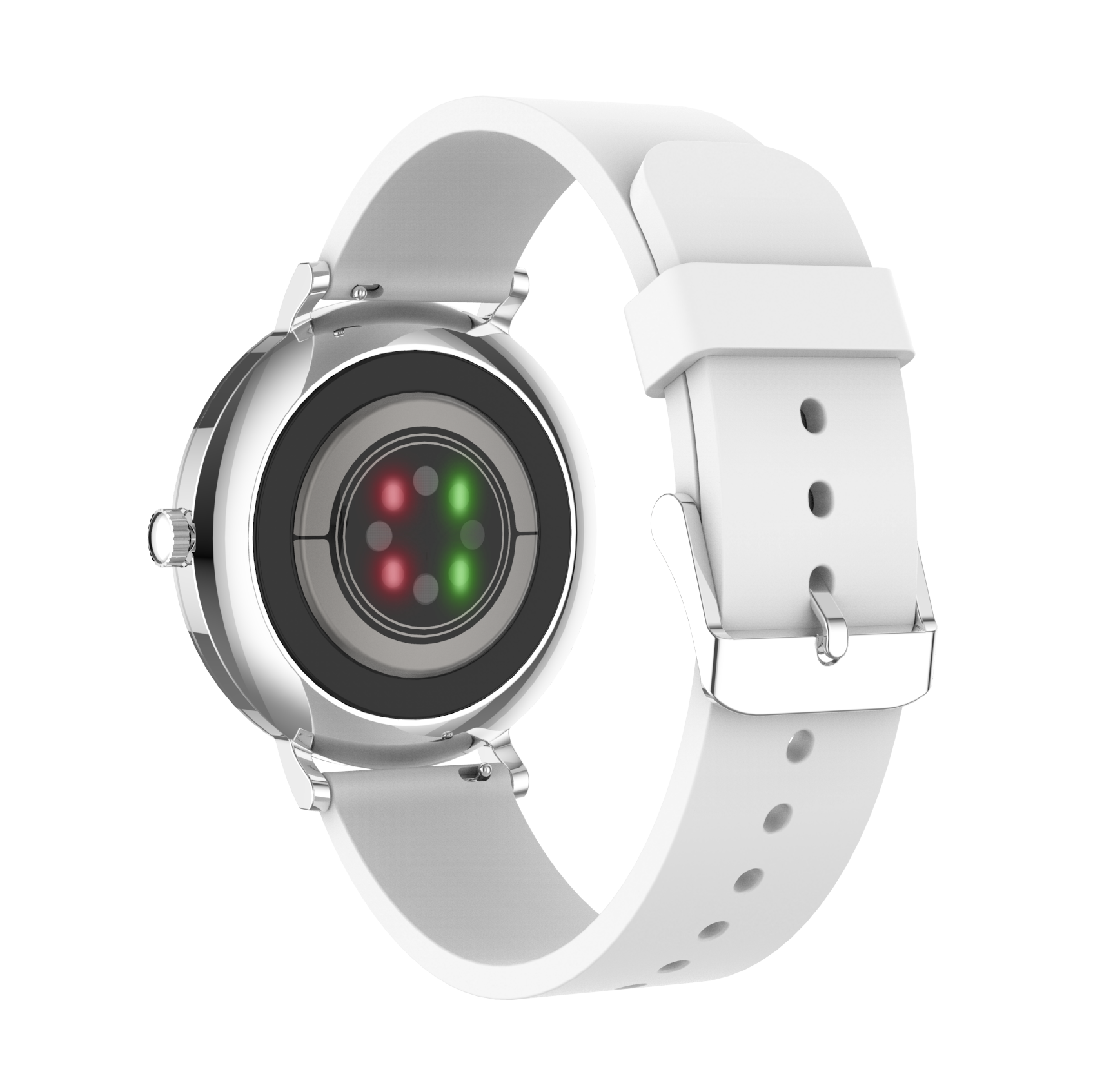 Weiße Smartwatch mit Herzfrequenzsensor, silberner Lünette und Schnalle.