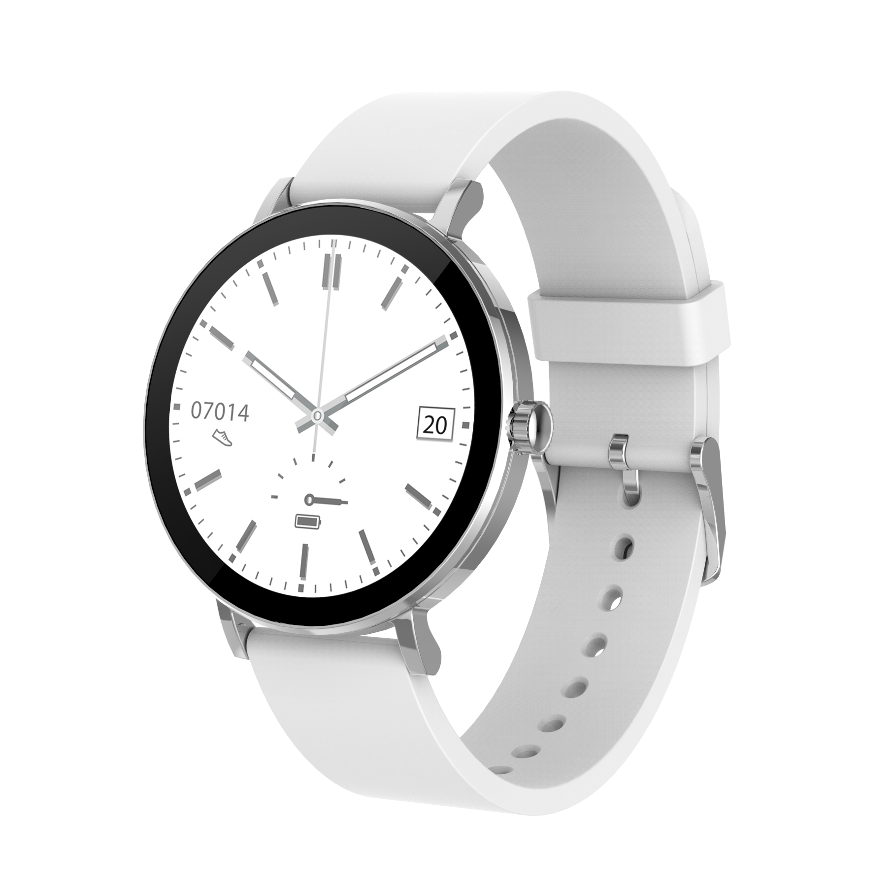 Eine weiße Smartwatch mit silbernem Gehäuse und Armband.