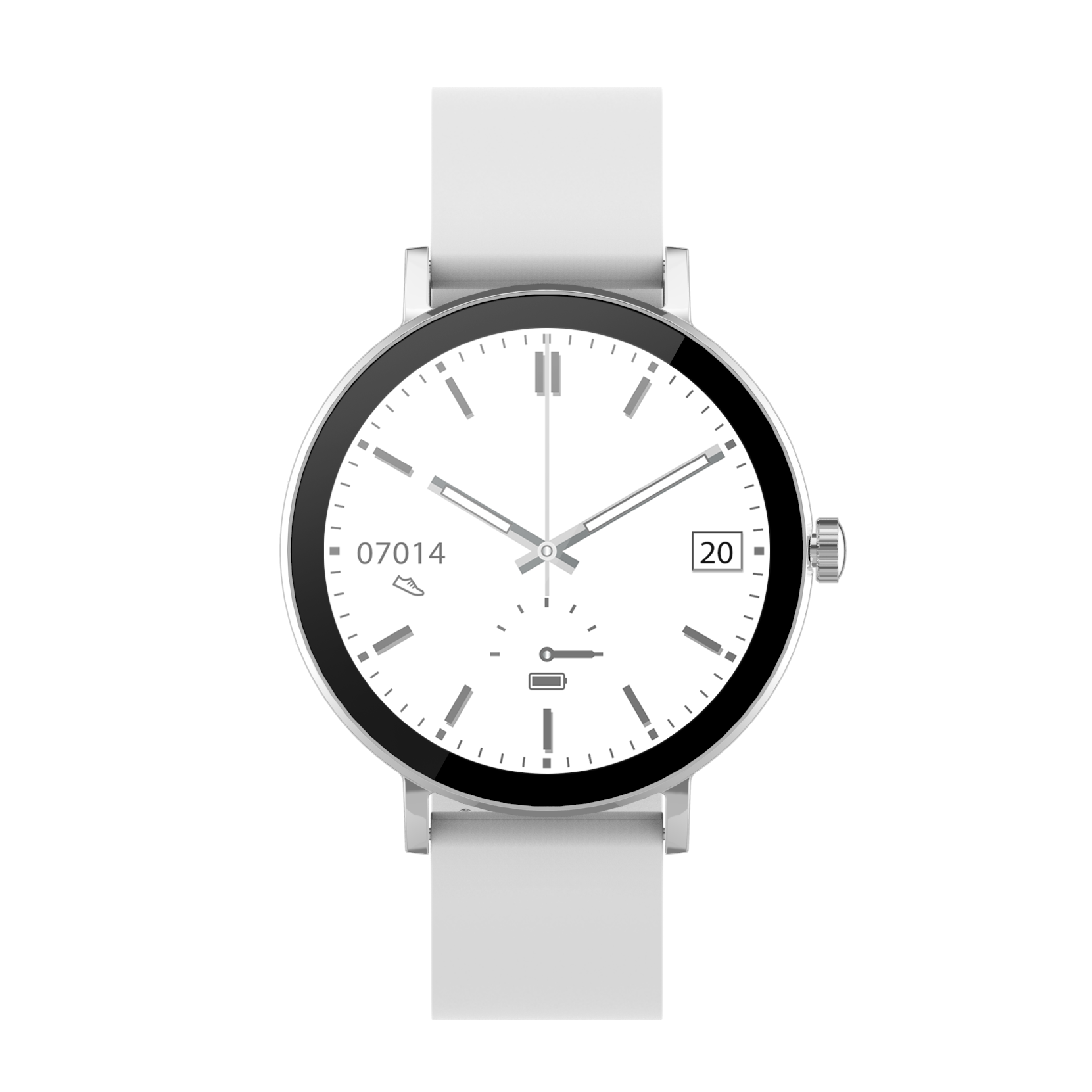 Weiße Smartwatch mit silbernem Gehäuse und schwarzem Rand. Zeigt 20:14 Uhr.