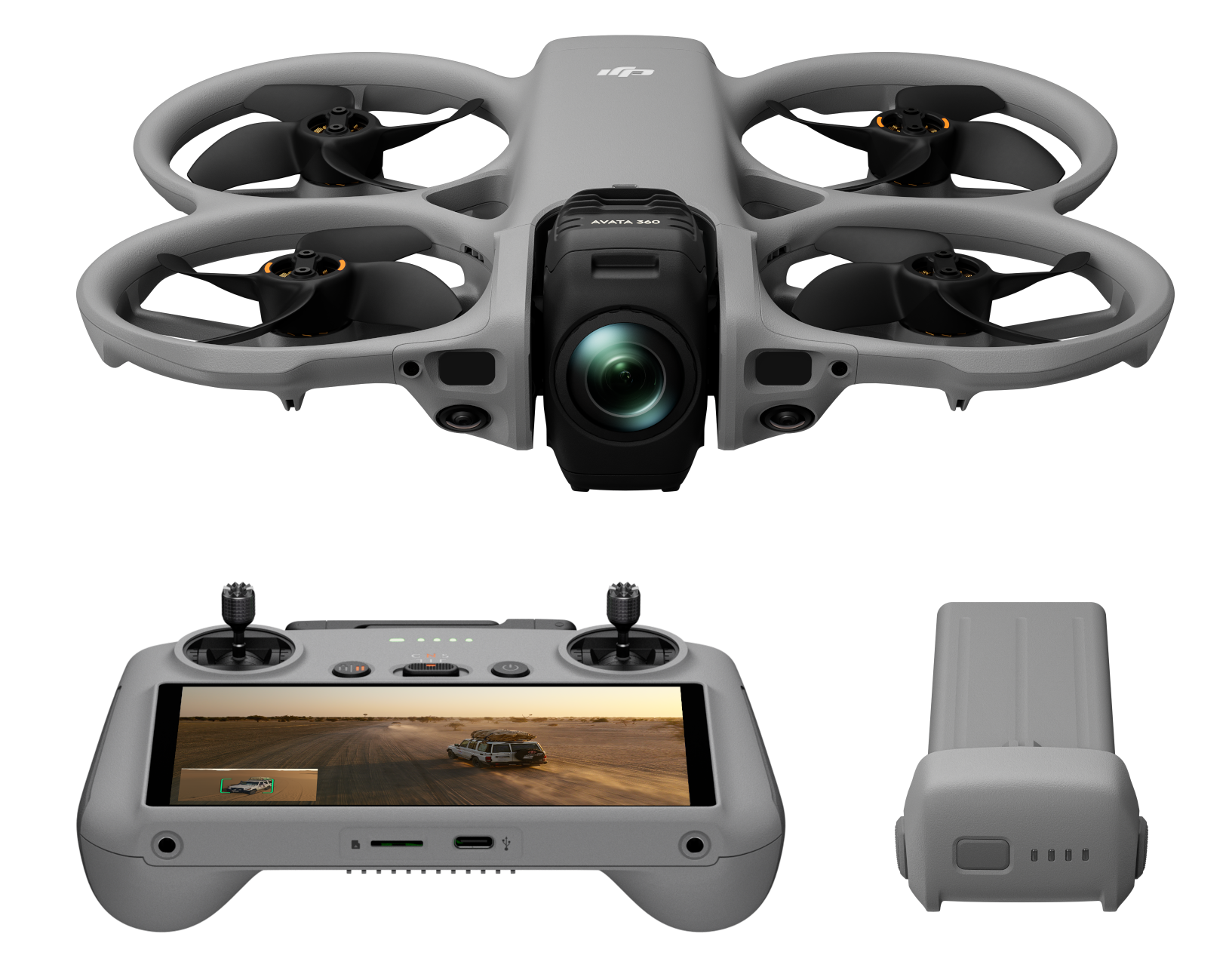 Szara dron DJI Avata z kontrolerem i baterią na czarnym tle.