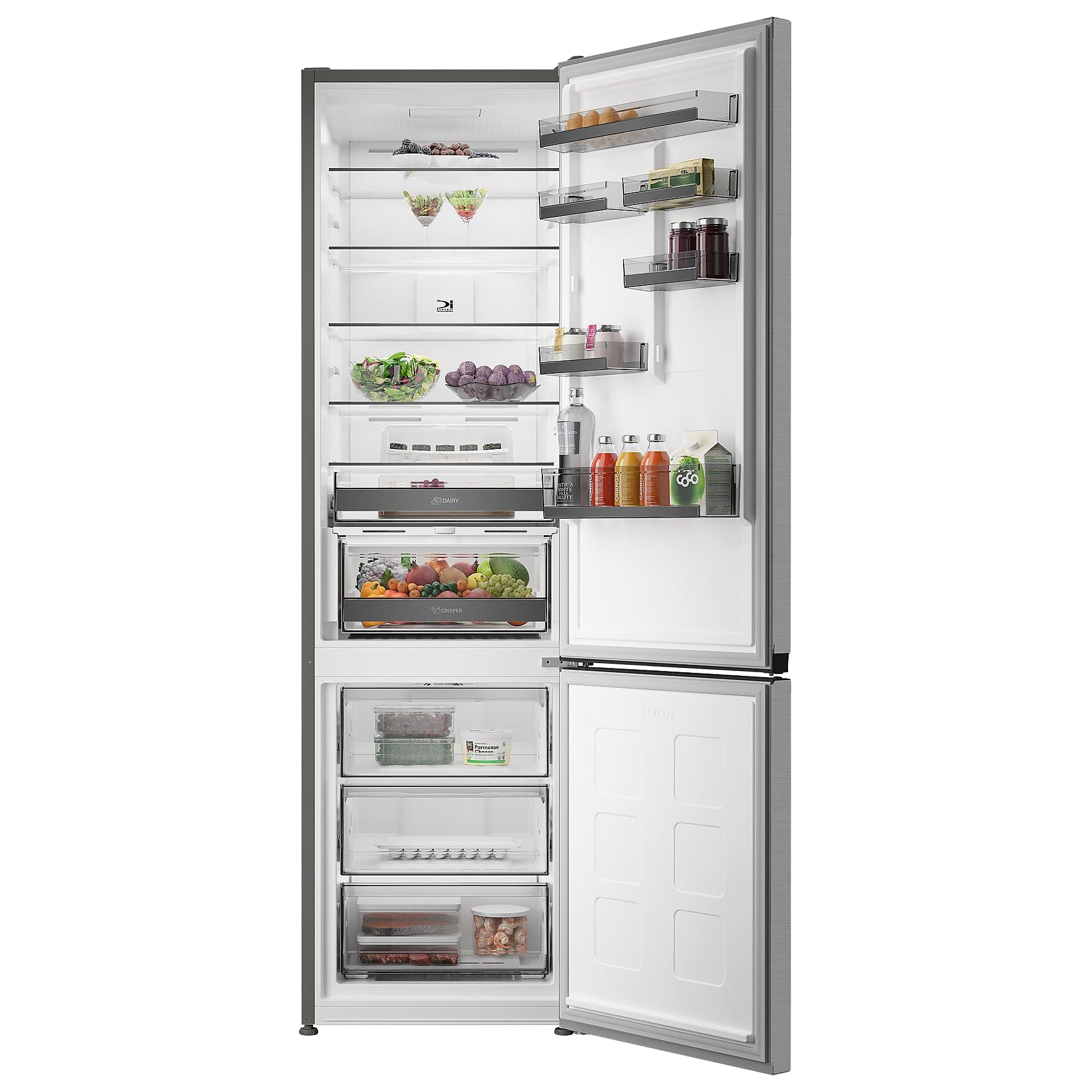 Offener Kühlschrank mit Lebensmitteln: Gemüse, Obst, Eier, Getränke, Gläser, Gefrorenes.