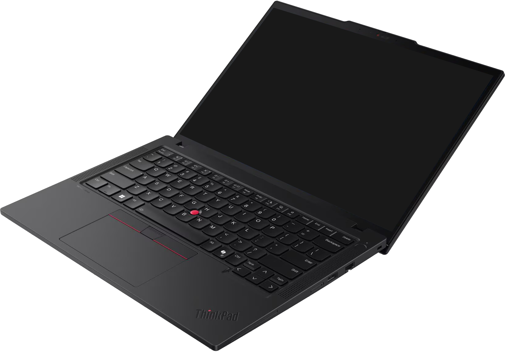Egy nyitott, fekete ThinkPad laptop, háttérvilágítású billentyűzettel és piros TrackPoint-tal.