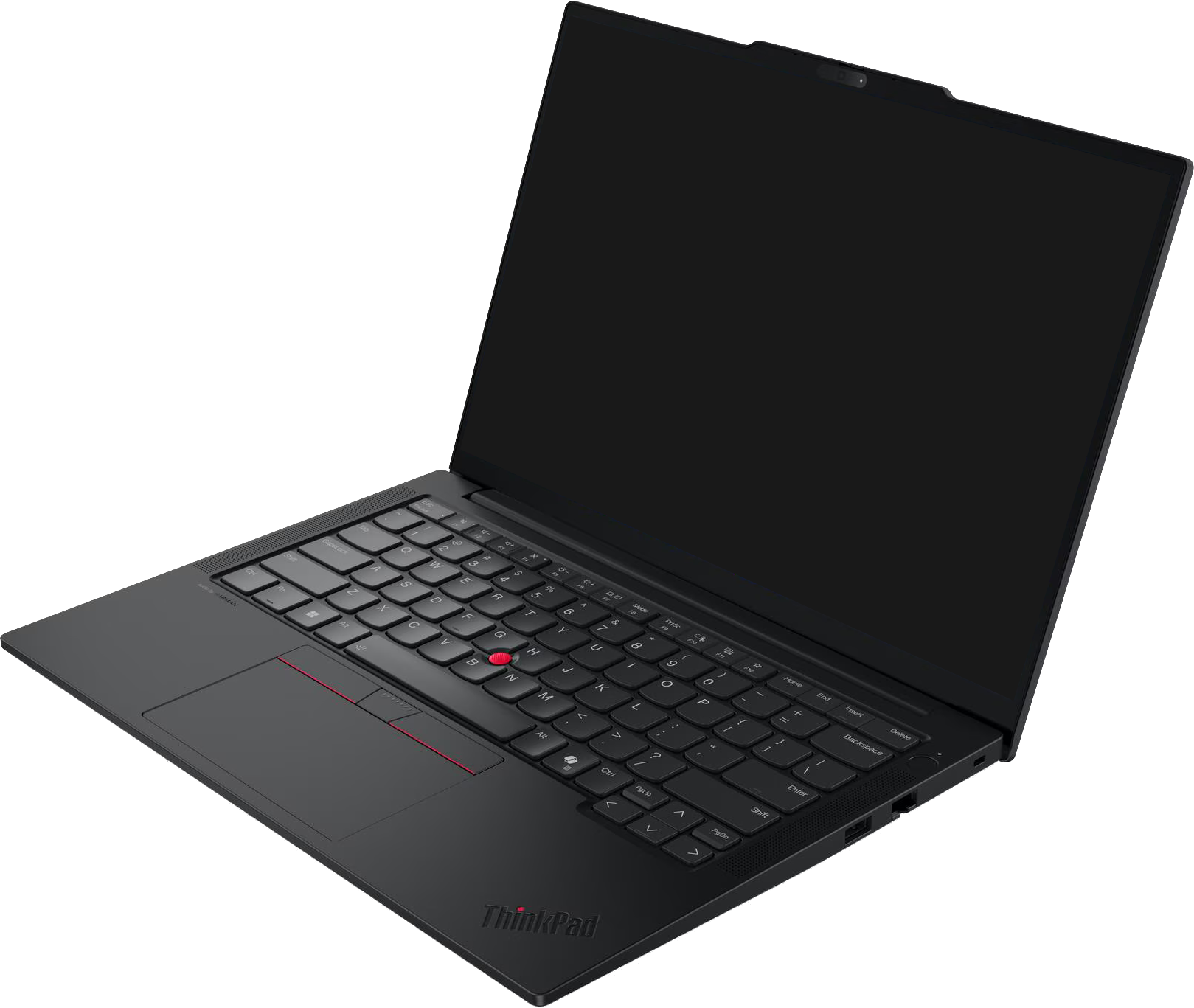 Egy fekete laptop nyitott képernyővel és billentyűzettel.