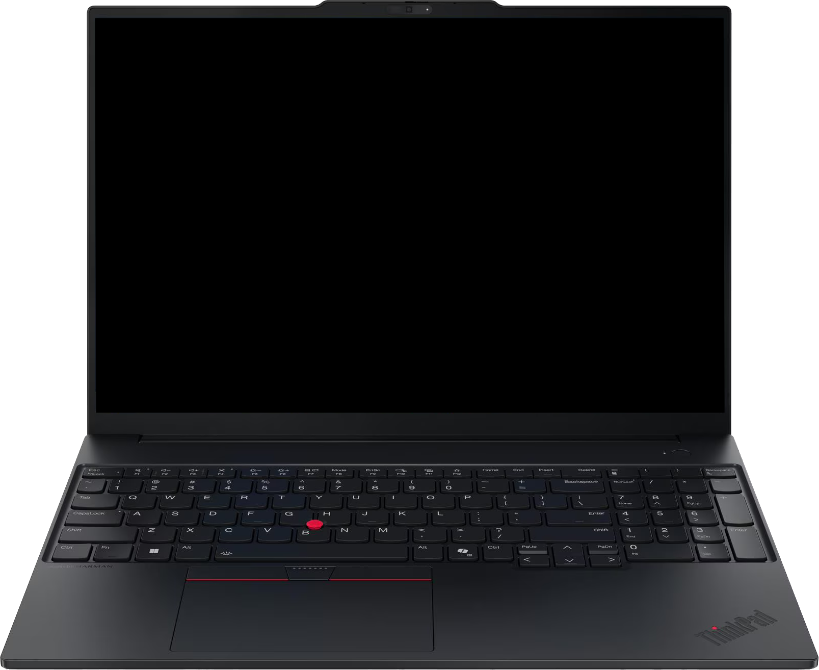Fekete laptop üres képernyővel és billentyűzettel.