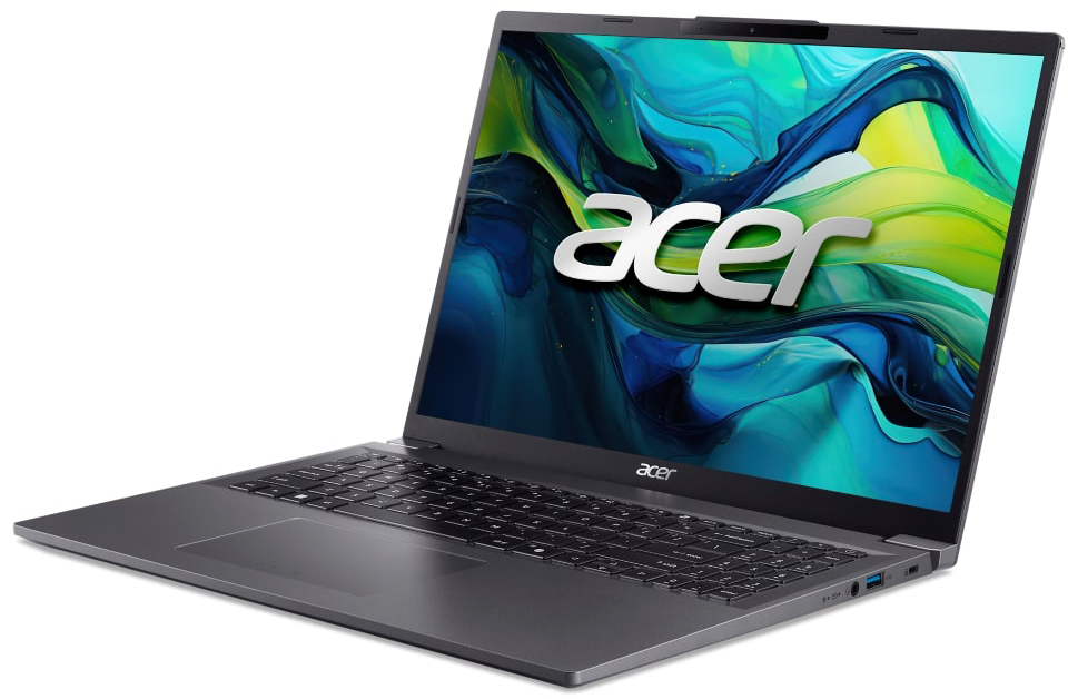 Egy zárt szürke Acer laptop, színes háttérrel a képernyőn.