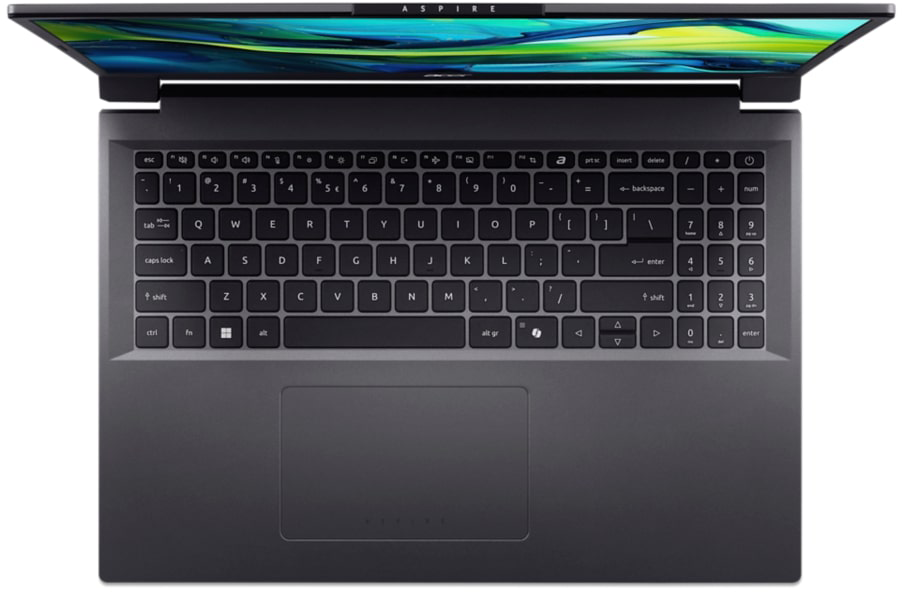 Egy nyitott szürke laptop billentyűzettel és érintőpaddal. A képernyő színes mintát mutat.