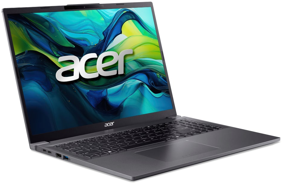 Egy nyitott, szürke Acer laptop színes háttérképpel és Acer logóval.