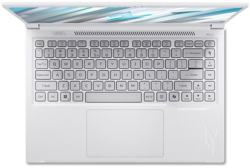 Fehér laptop nyitott képernyővel, billentyűzettel és érintőpaddal.