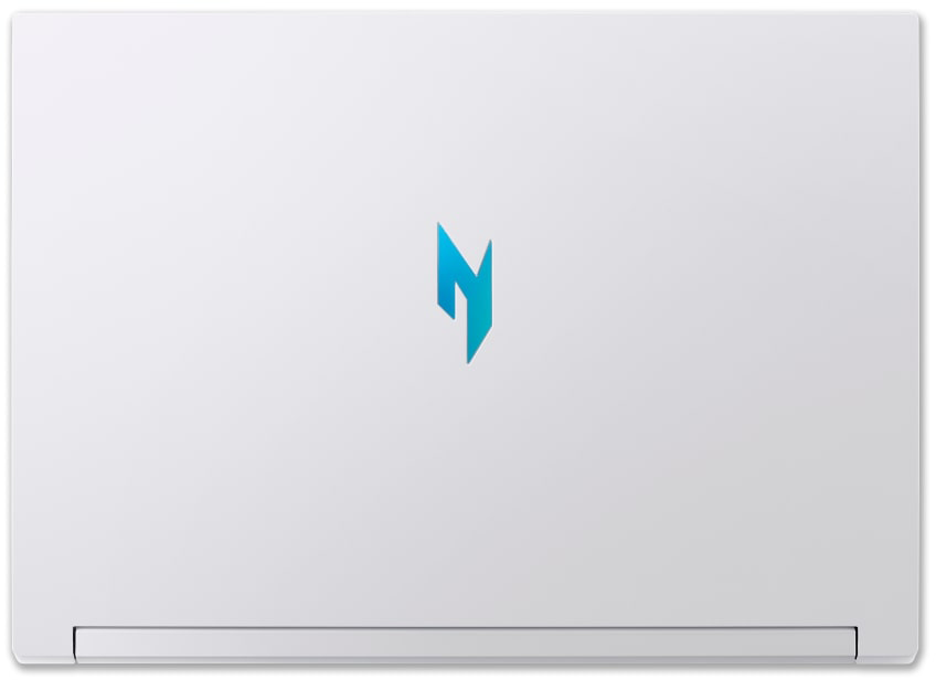 Zárt fehér laptop kék logóval a közepén.