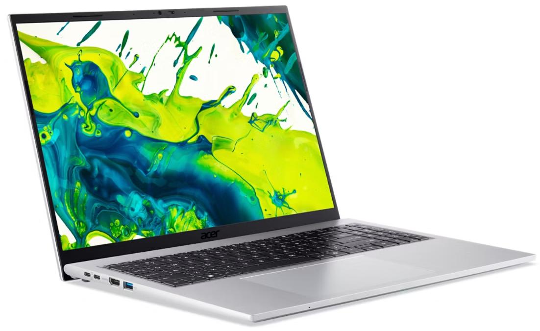 Ezüst Acer laptop színes, fröccsentett művészeti háttérrel a képernyőn.