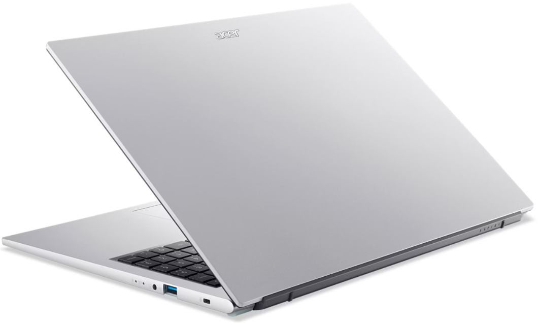 Ezüst Acer laptop billentyűzettel és portokkal, nyitva.