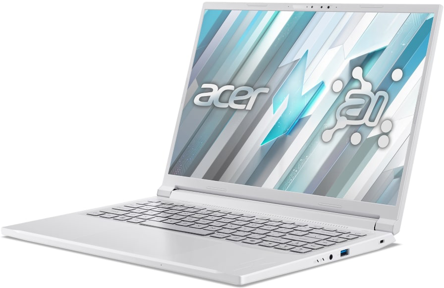 Egy fehér laptop Acer és MI logóval a képernyőn.