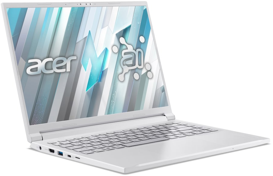 Fehér Acer laptop AI logóval a képernyőn, geometriai háttérképpel.