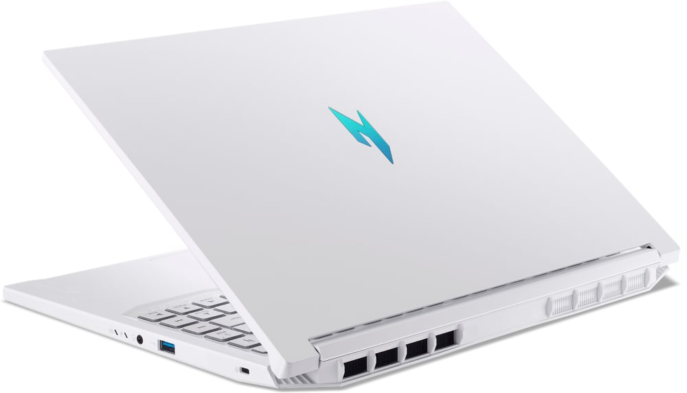 Fehér laptop kék villám logóval és billentyűzettel, oldalsó szellőzőkkel.