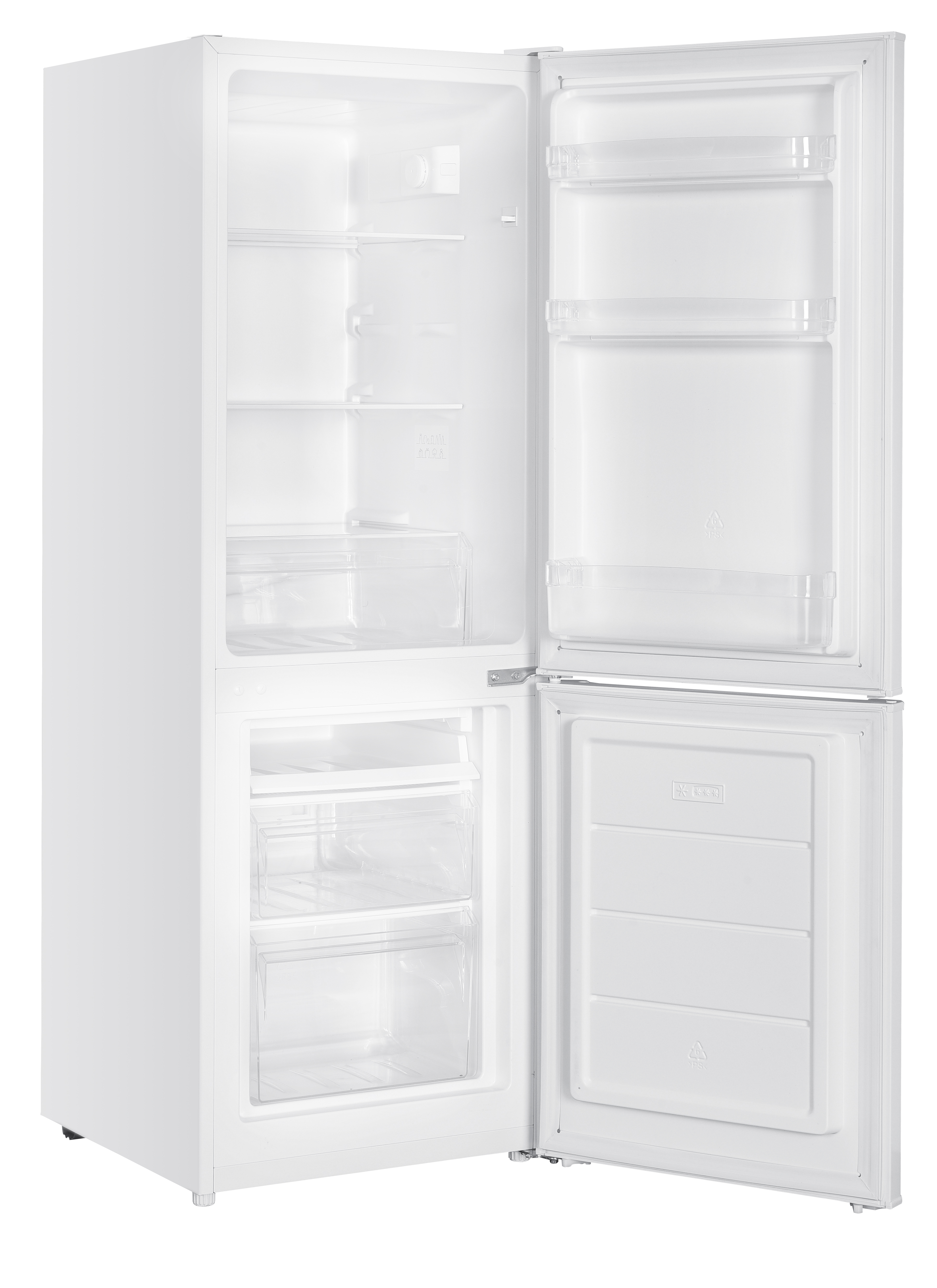 Ein leerer weißer Kühlschrank mit geöffneten Türen und Regalen.
