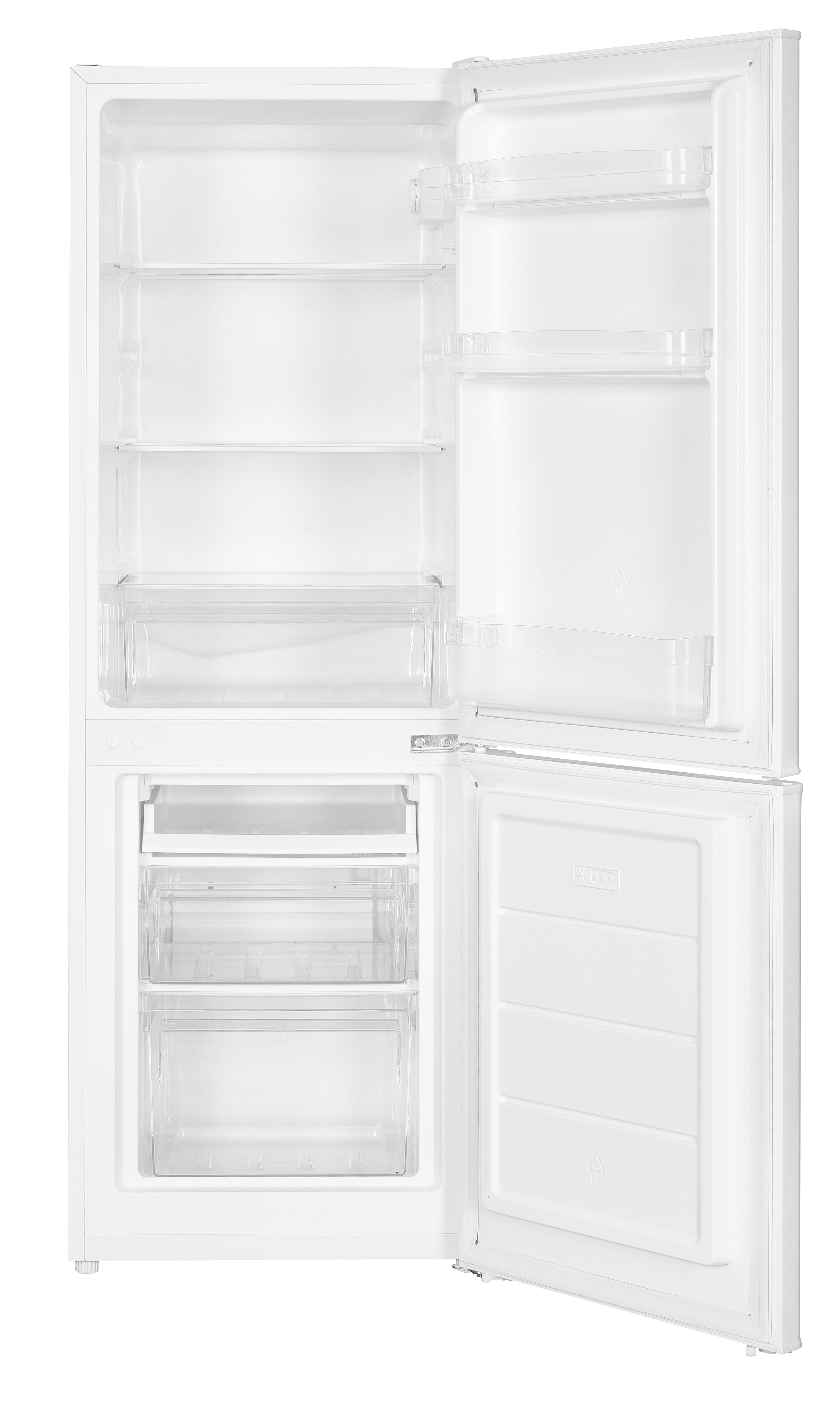 Ein offener weißer Kühlschrank mit mehreren Fächern und Schubladen.