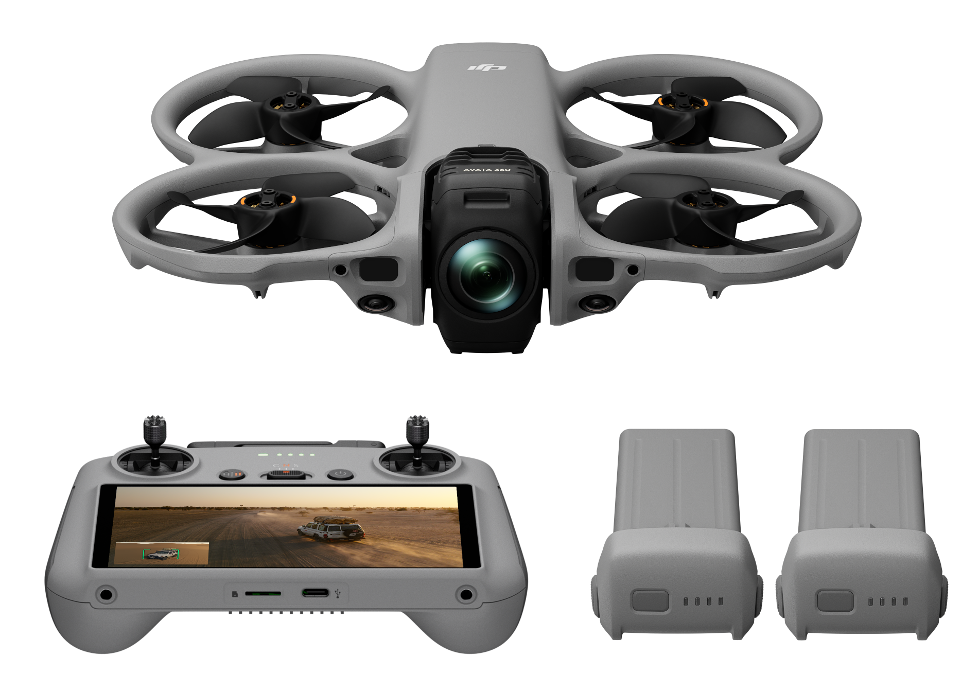 Szara dron FPV z kamerą, pilotem i dwoma akumulatorami.