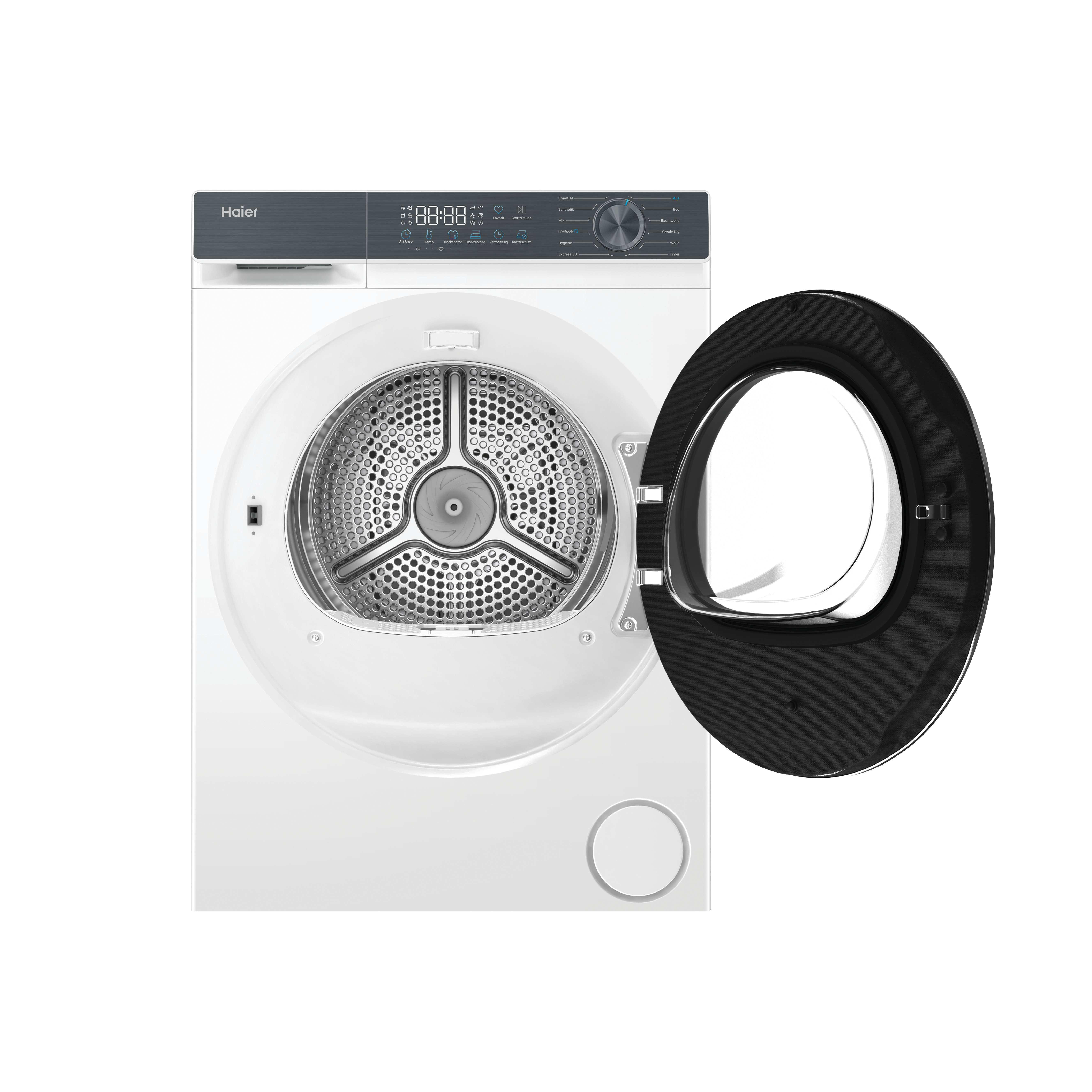 Ein weißer Haier Wäschetrockner mit geöffneter schwarzer Tür und Bedienfeld.