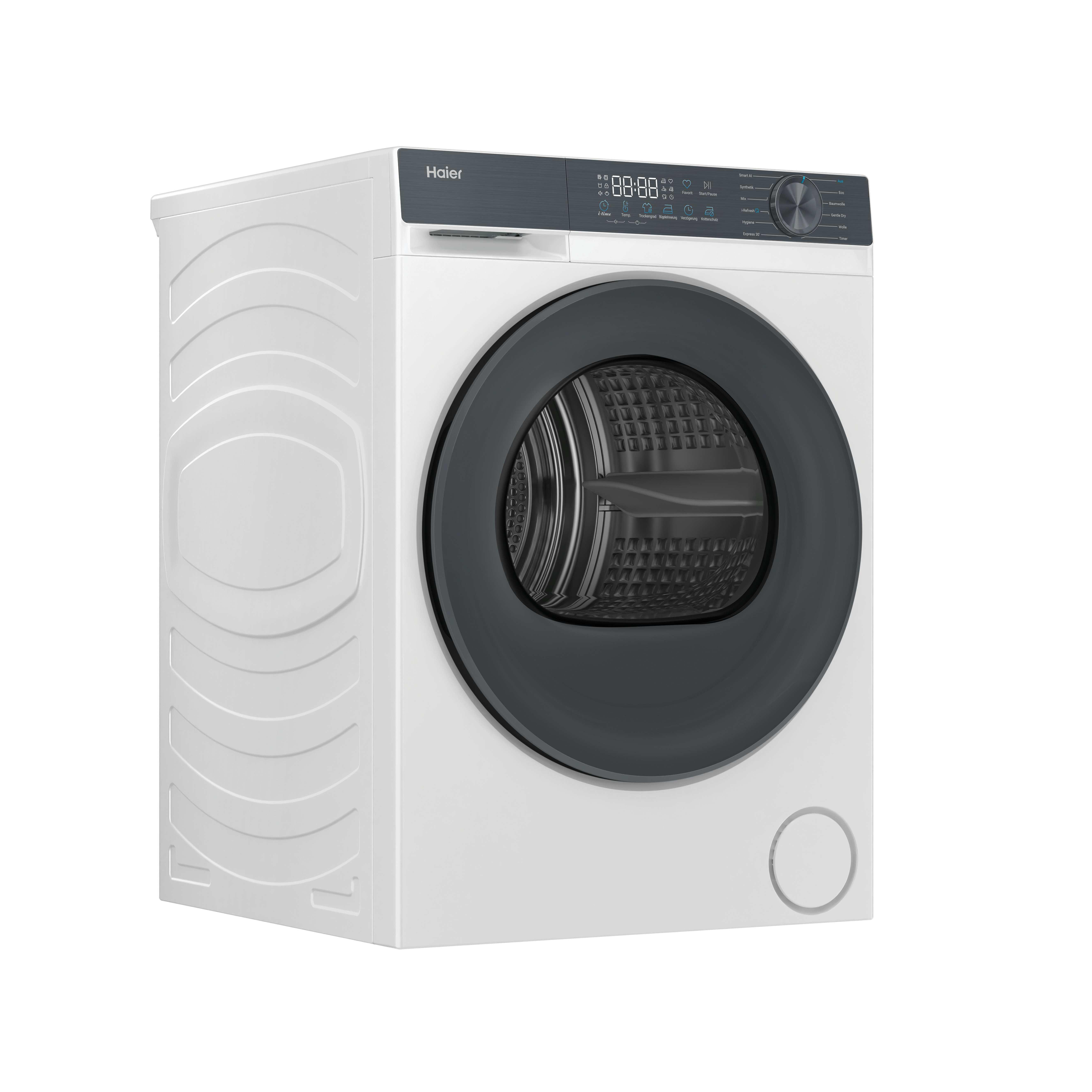 Eine weiße Haier Waschmaschine mit dunkler Front und digitalem Display.