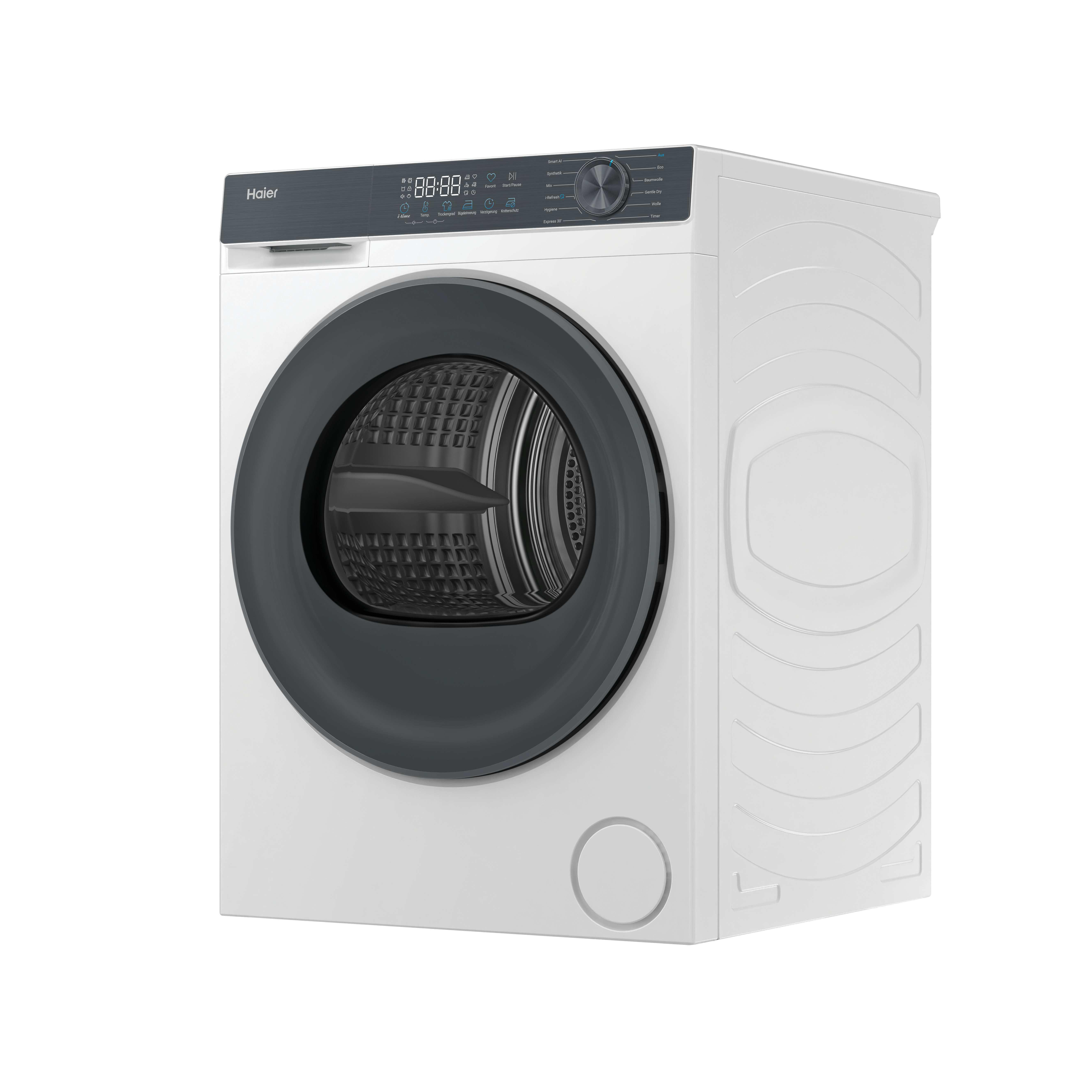 Eine weiße Haier Waschmaschine mit schwarzer Tür und digitalem Bedienfeld.