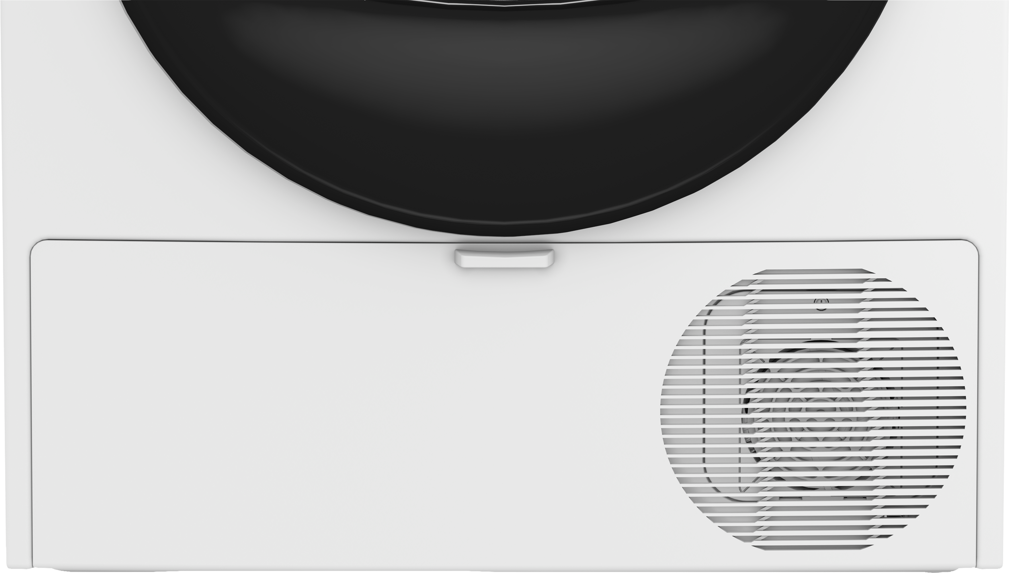 Zbliżenie białego urządzenia z czarnym blatem i okrągłym otworem wentylacyjnym.