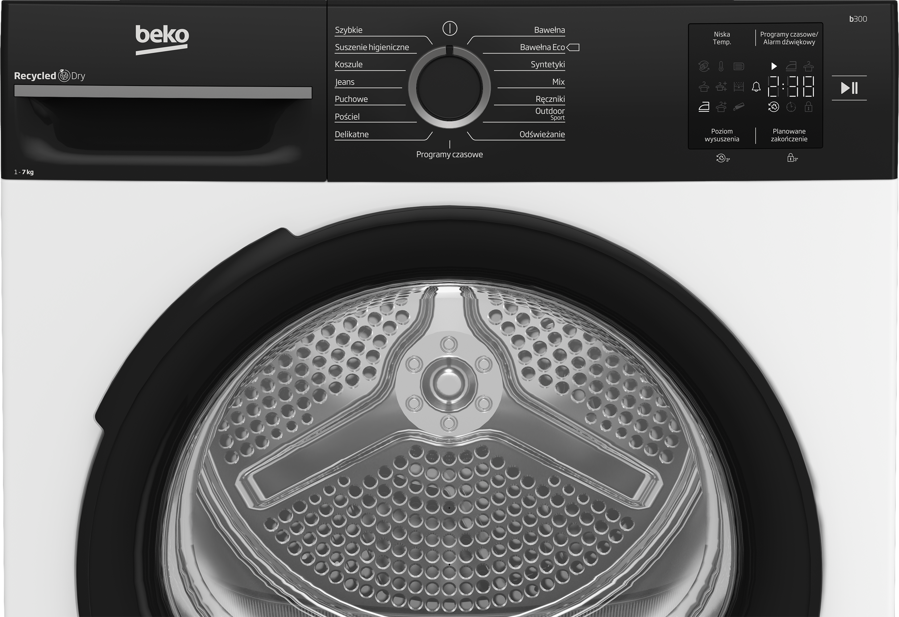 Suszarka Beko z panelem sterowania i bębnem. Pokazuje programy takie jak Bawełna, Jeans, Syntetyki.