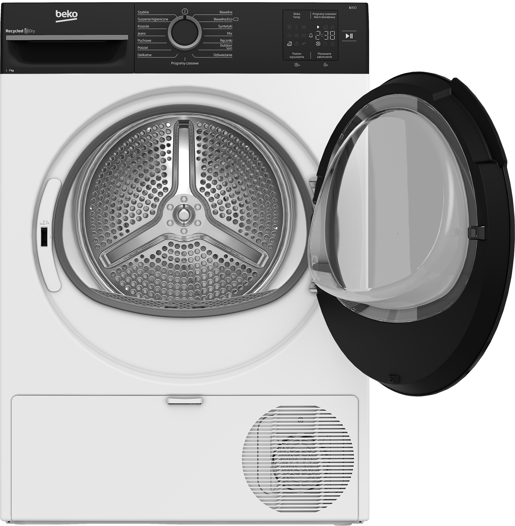 Biała suszarka Beko z otwartymi czarnymi drzwiami, widoczny panel sterowania.