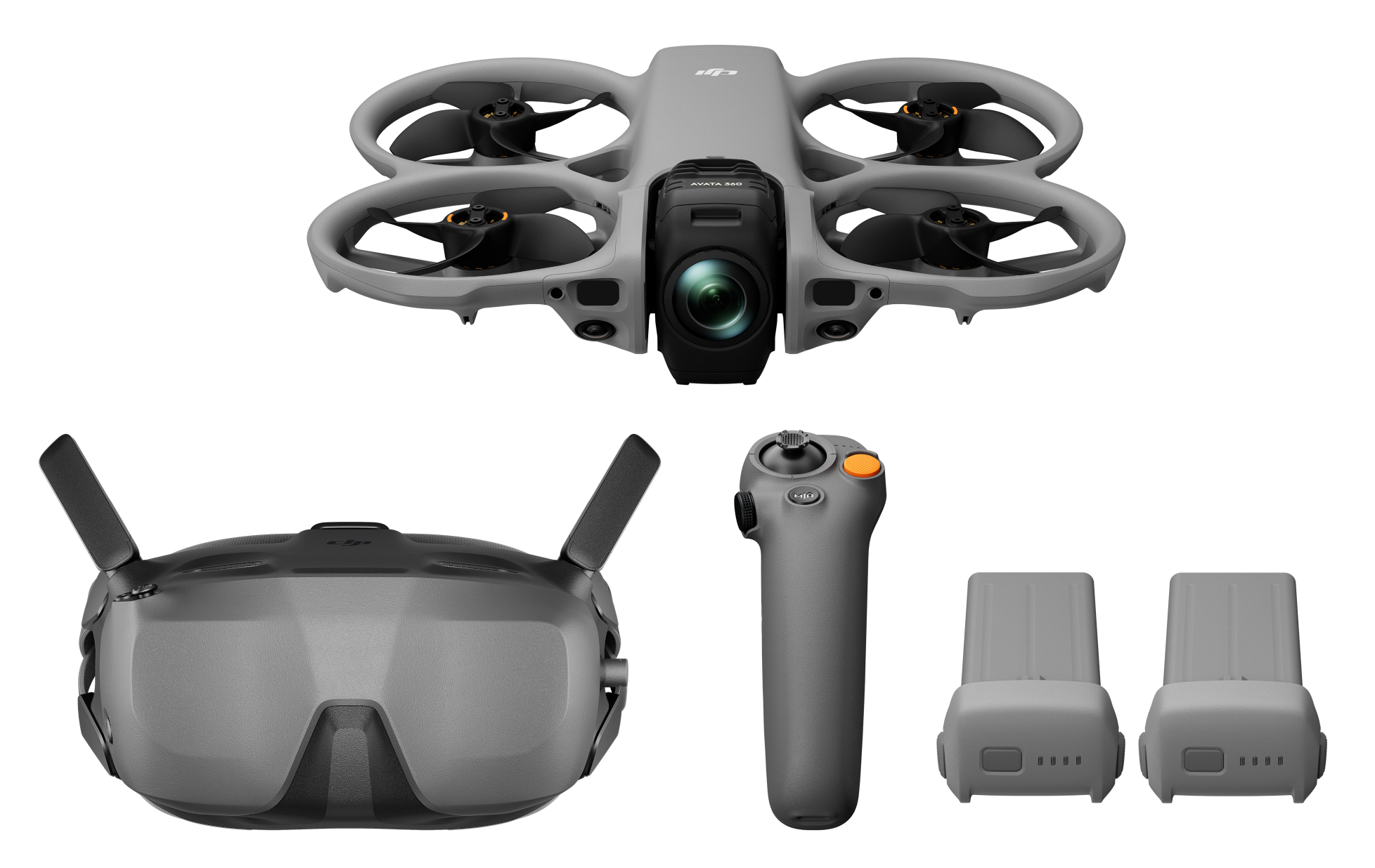 Szara dron DJI Avata, gogle, kontroler i dwie baterie na czarnym tle.