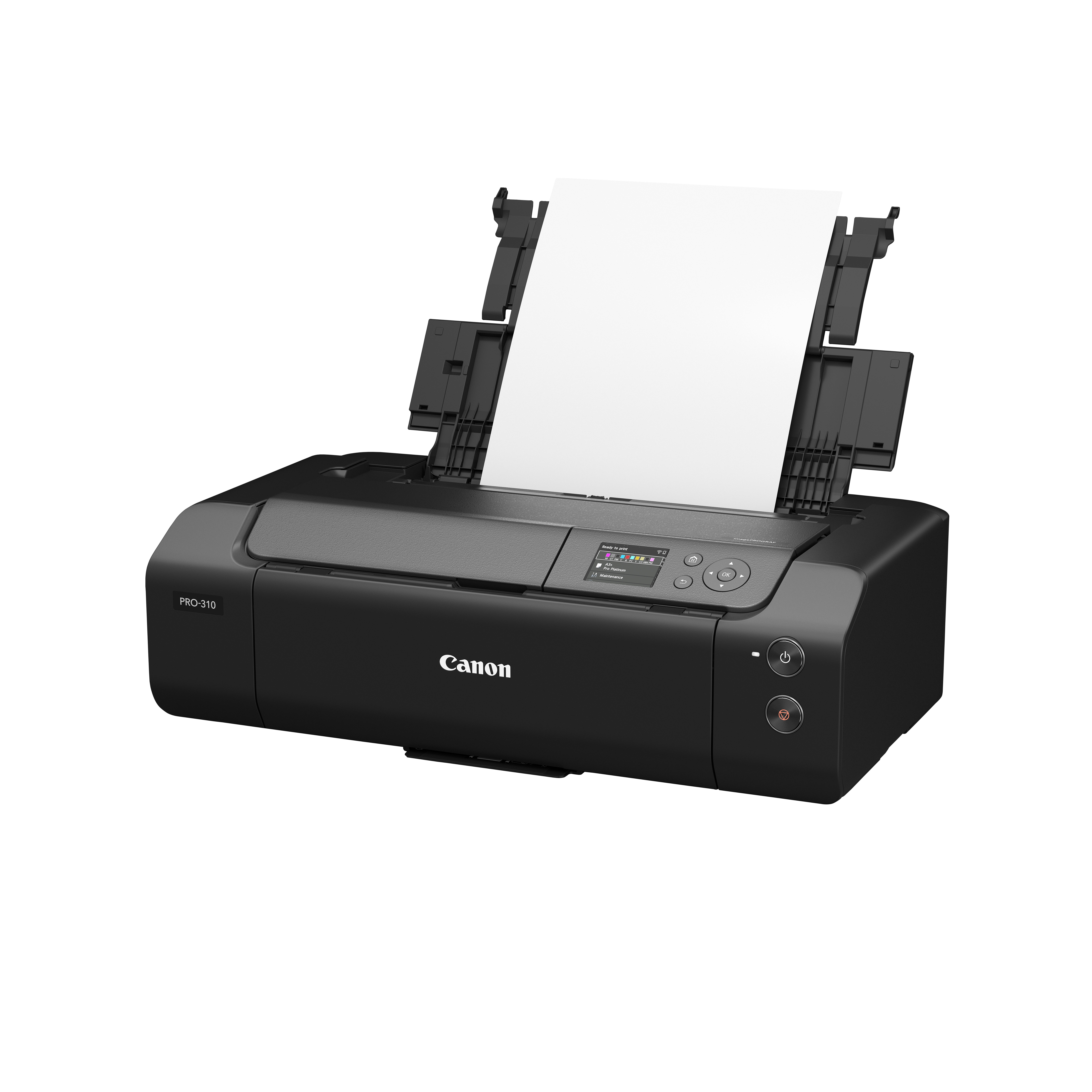 Czarna drukarka Canon Pro-310 z otwartą tacą papieru i kartką.