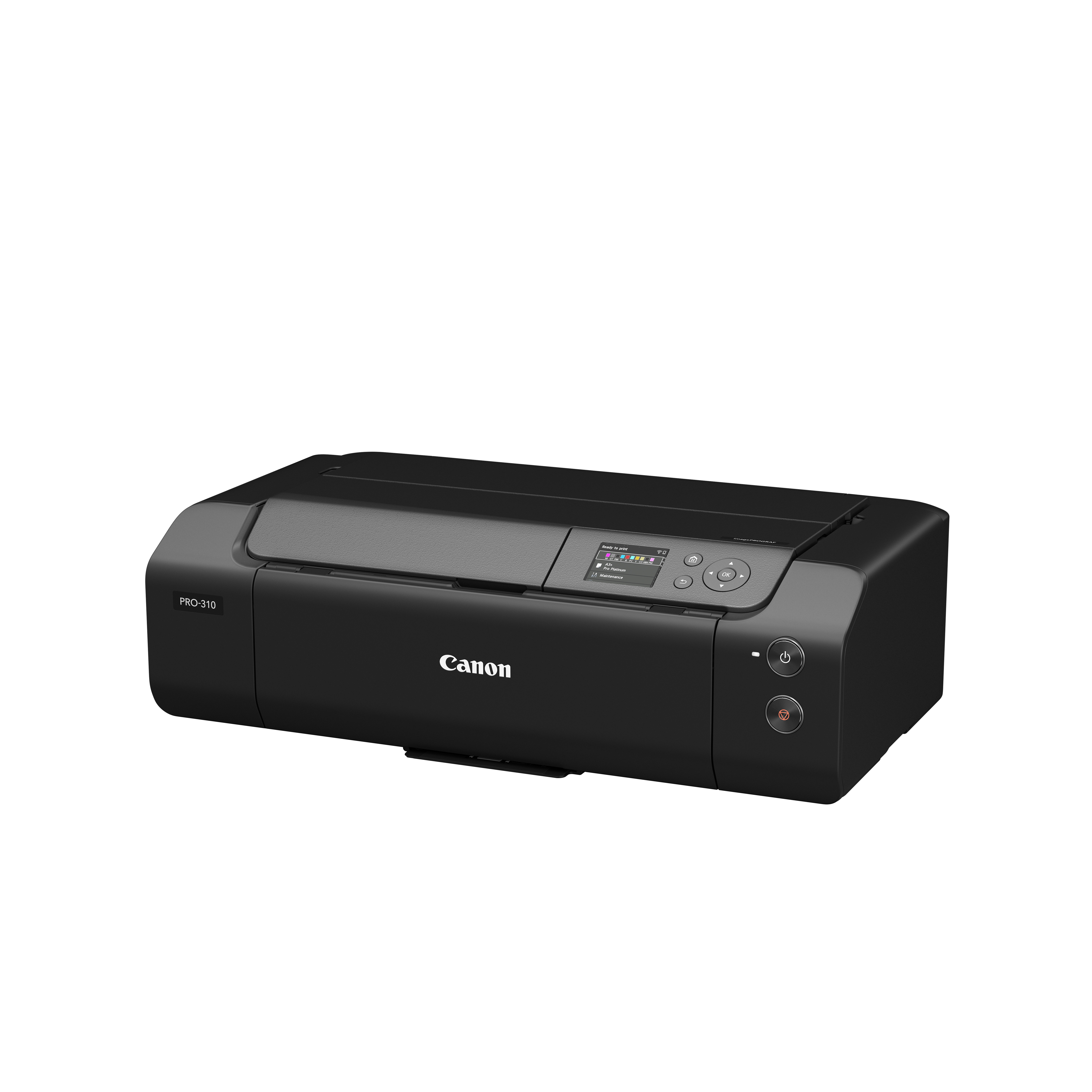 Czarna drukarka Canon Pixma PRO-310 z wyświetlaczem i przyciskami sterującymi.