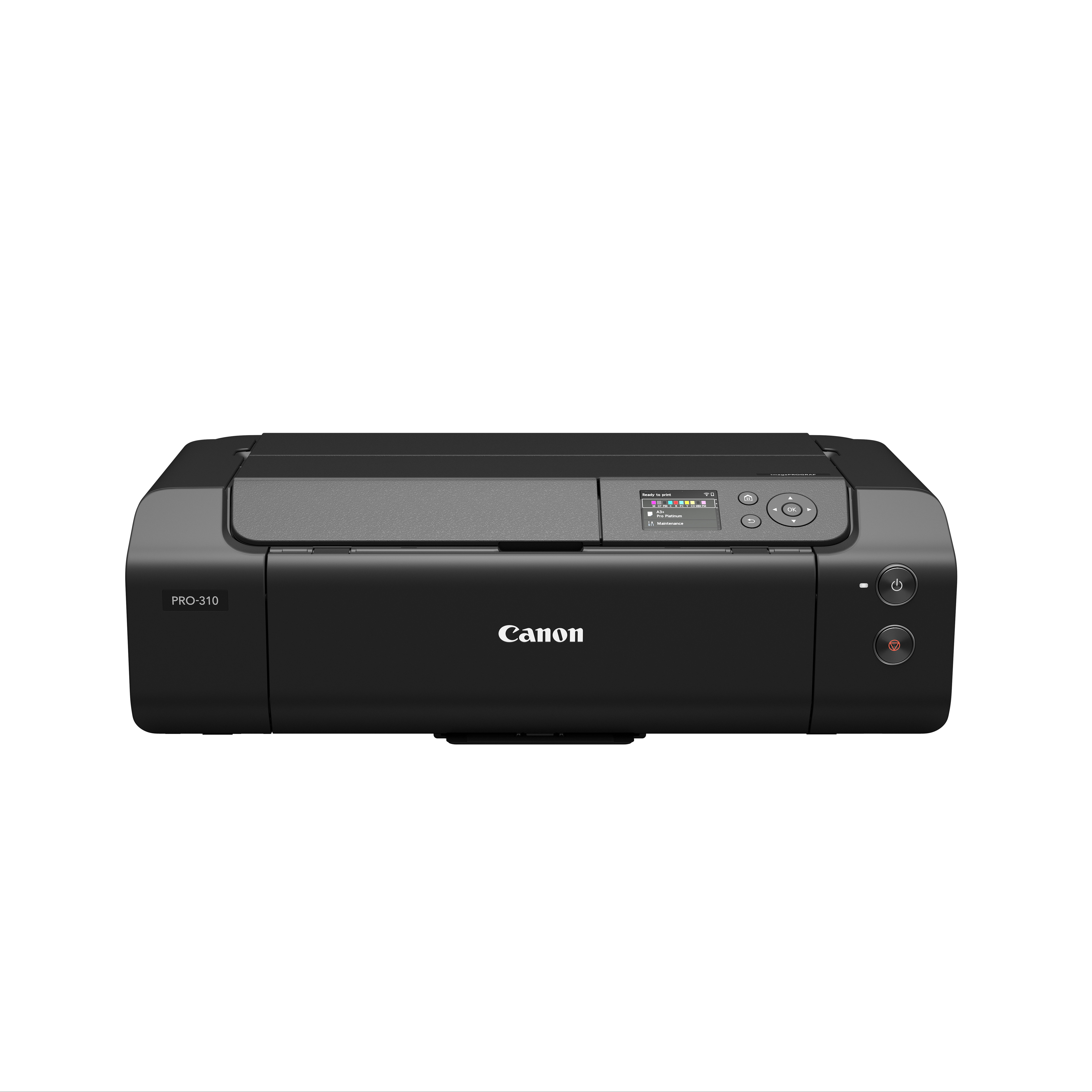Czarna drukarka Canon Pixma Pro-310 z panelem sterowania i przyciskami.