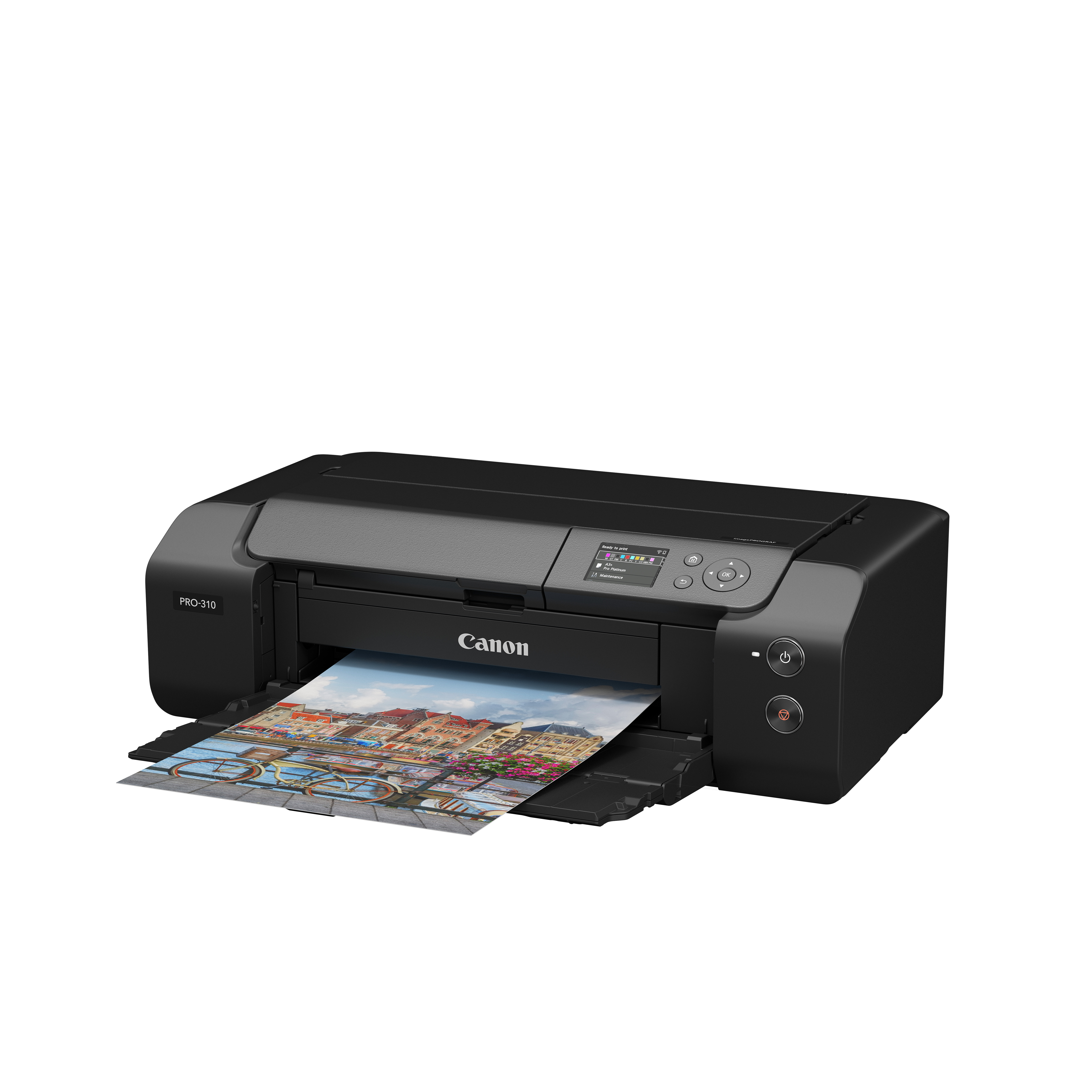 Czarna drukarka Canon PRO-310 z wychodzącym obrazem miasta.
