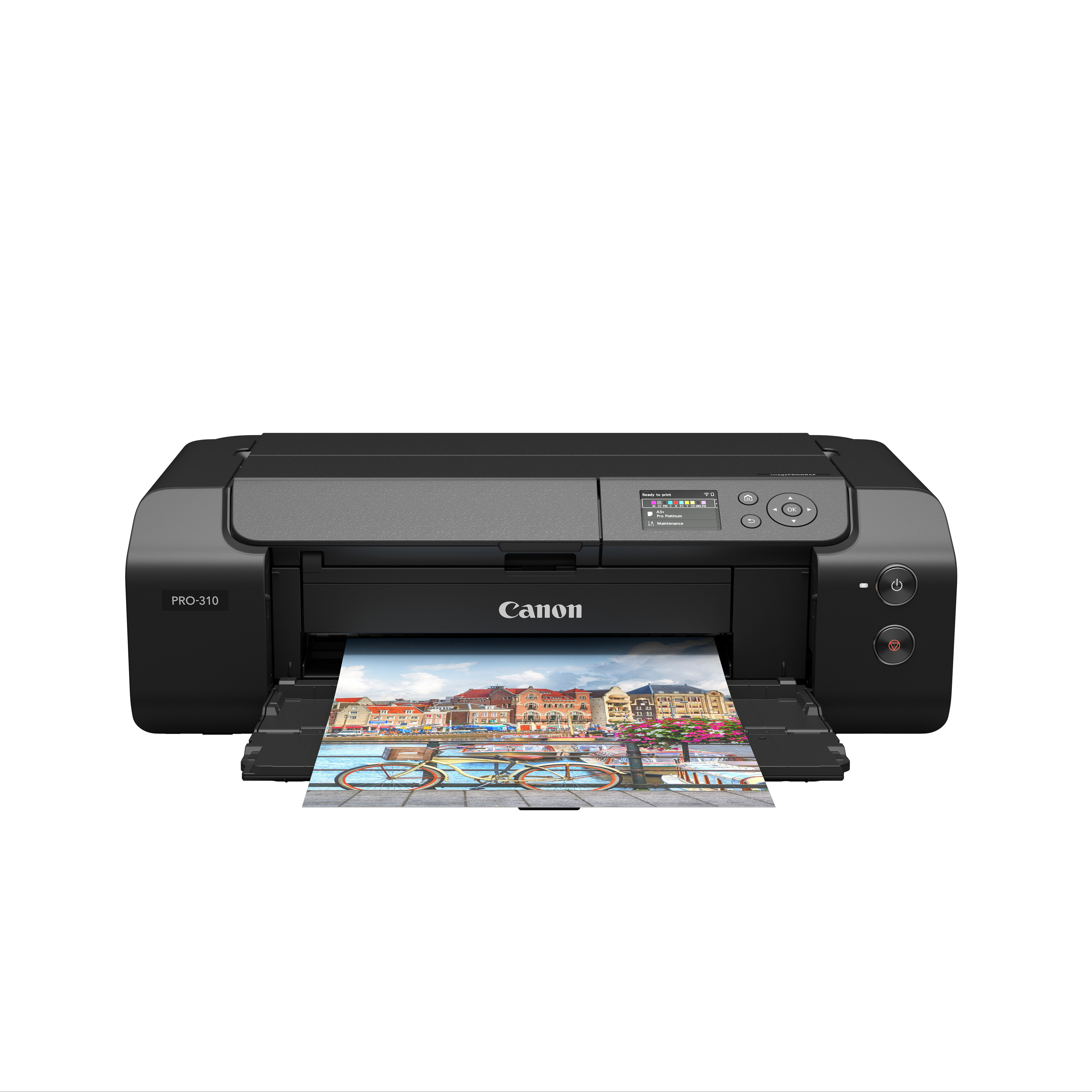 Czarna drukarka Canon Pro-310 drukuje obraz Amsterdamu z rowerem.