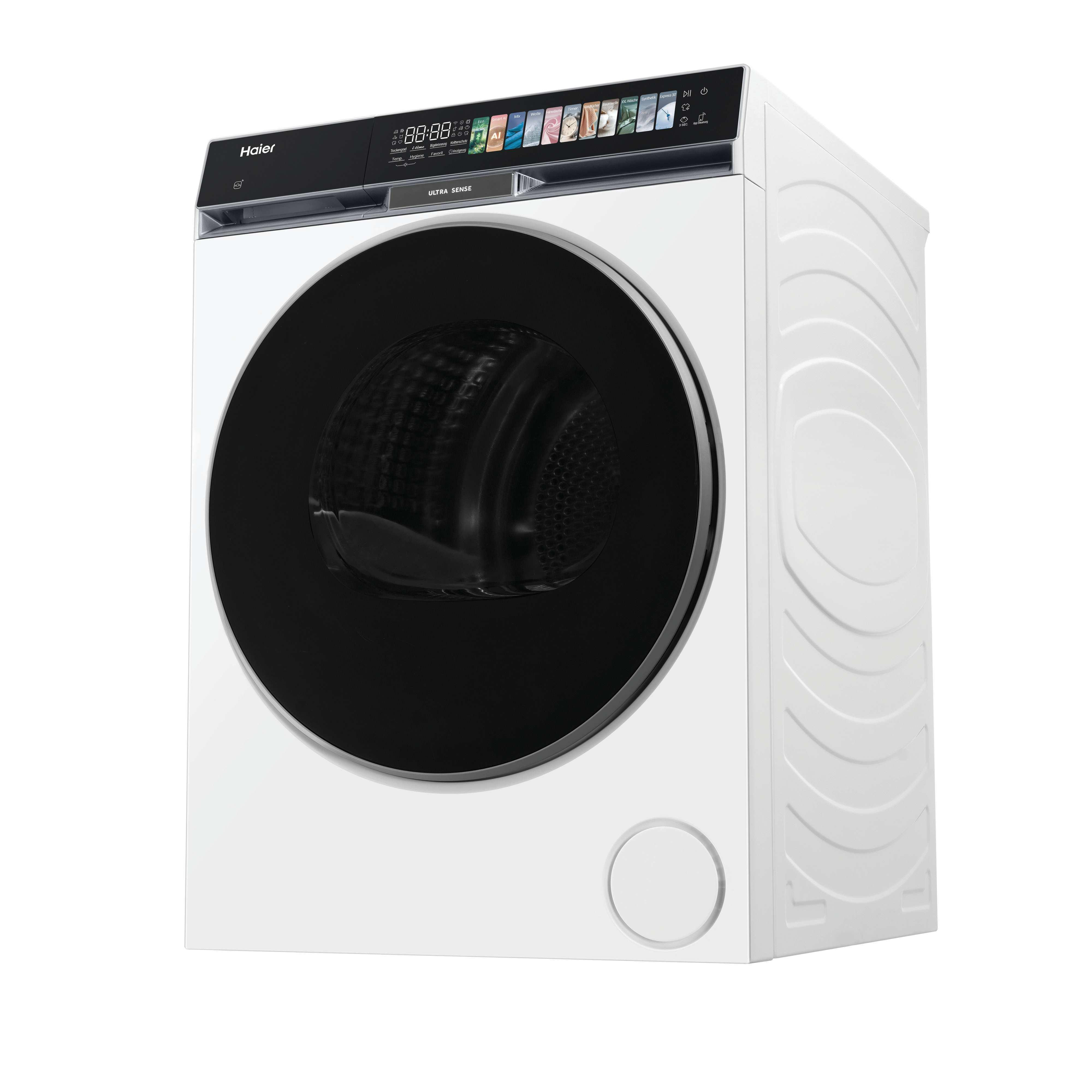 Eine weiße Haier Waschmaschine mit schwarzer Tür und Display.