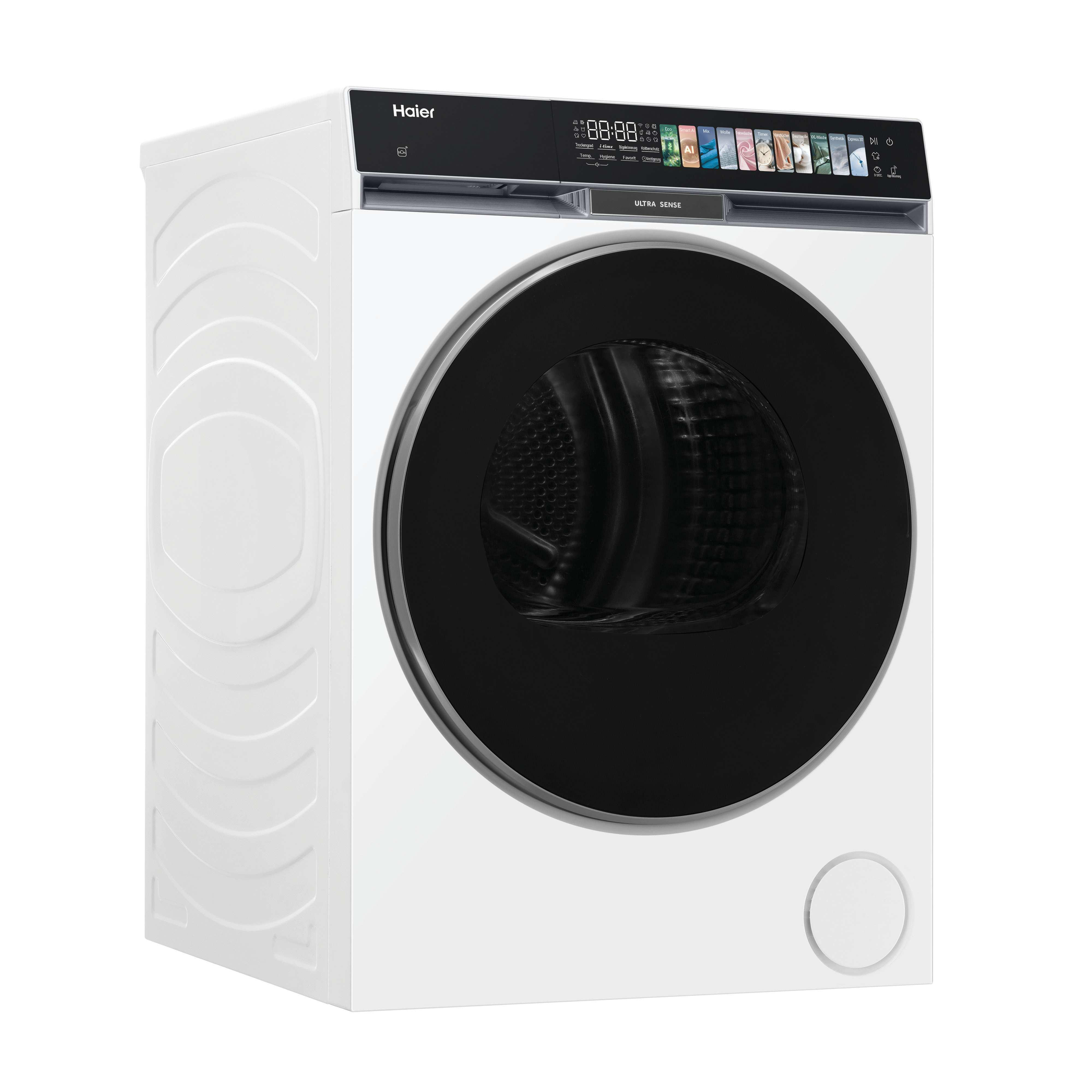 Eine weiße Haier Waschmaschine mit schwarzer Tür und digitalem Bedienfeld.