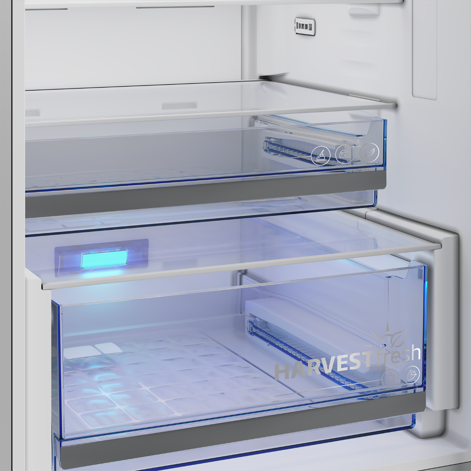 Cajones vacíos de refrigerador con iluminación azul y símbolos.