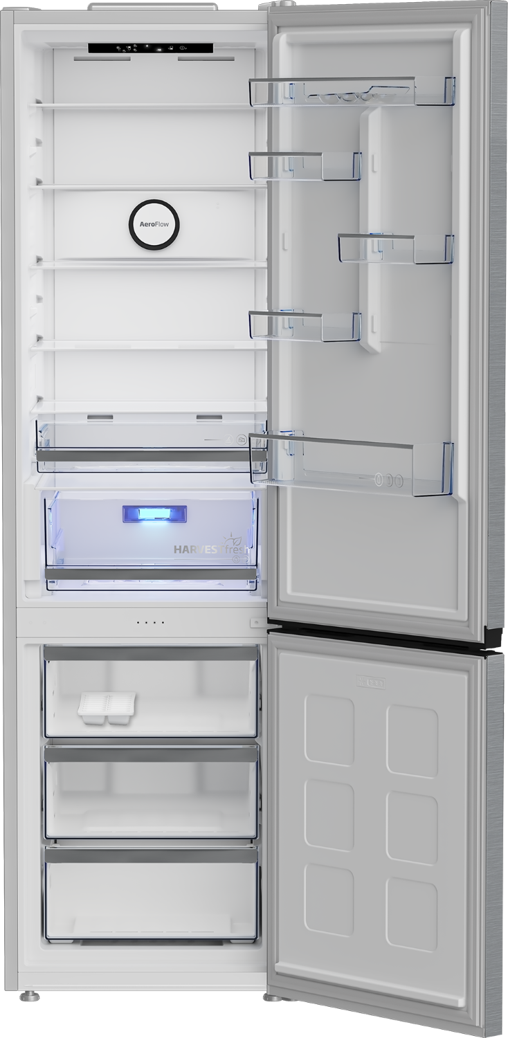 Refrigerador abierto con estantes y cajones. La puerta está a la izquierda y los cajones del congelador abajo.