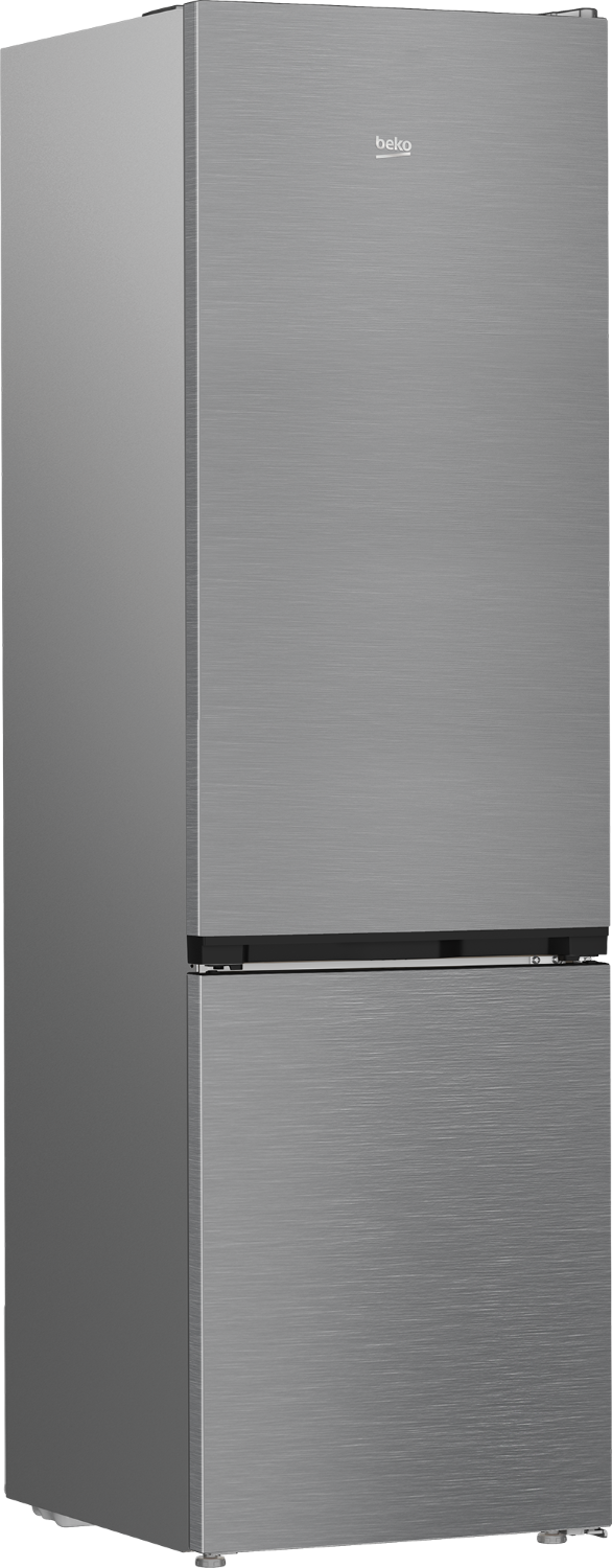 Un refrigerador plateado y elegante con dos puertas y el logo de Beko.