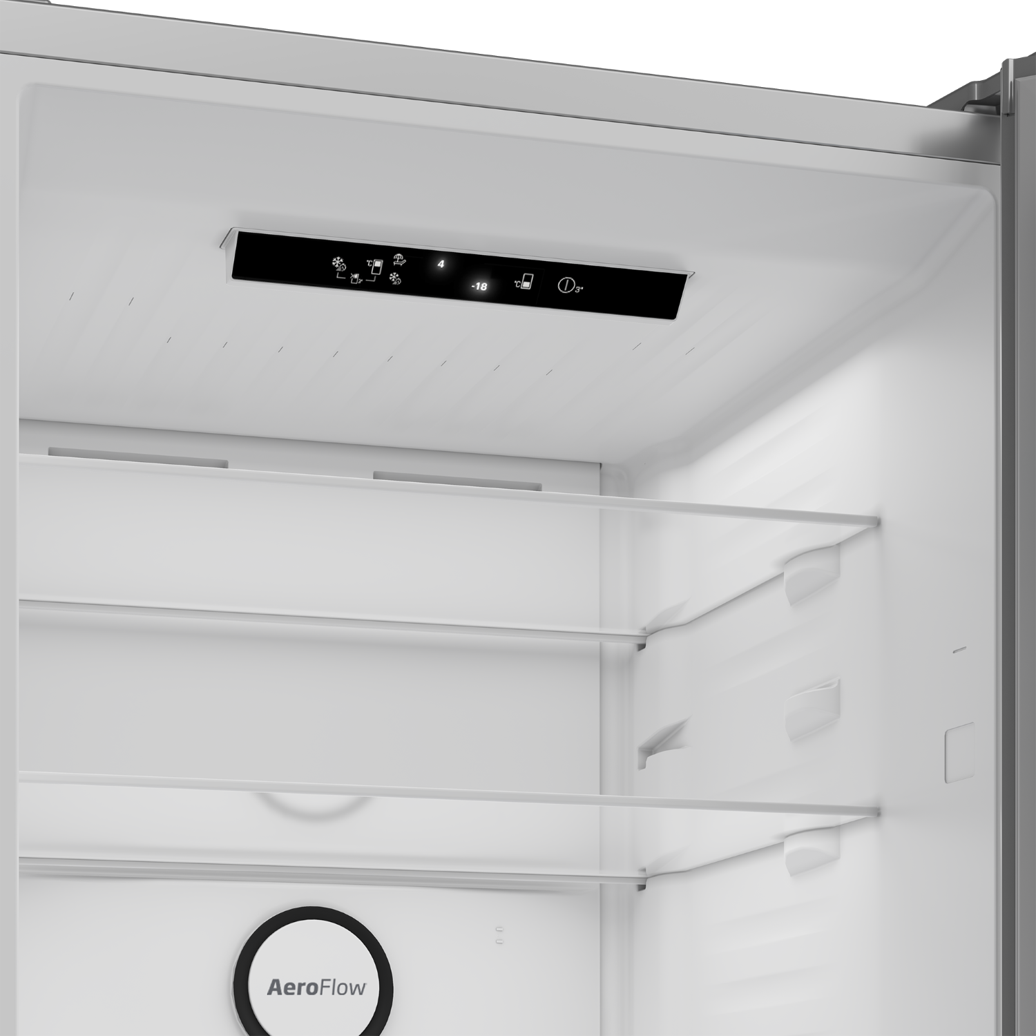 Interior de un refrigerador blanco con estantes de cristal y pantalla digital.