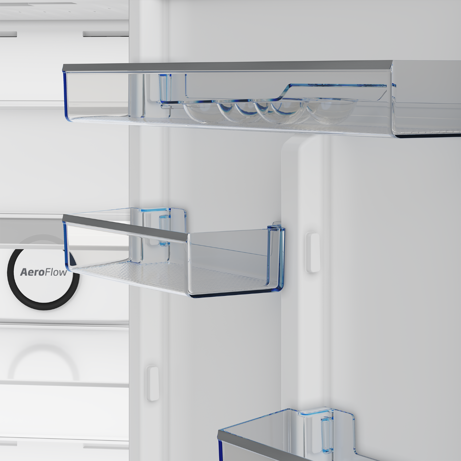 Un estante de refrigerador con portahuevos y un logo AeroFlow.
