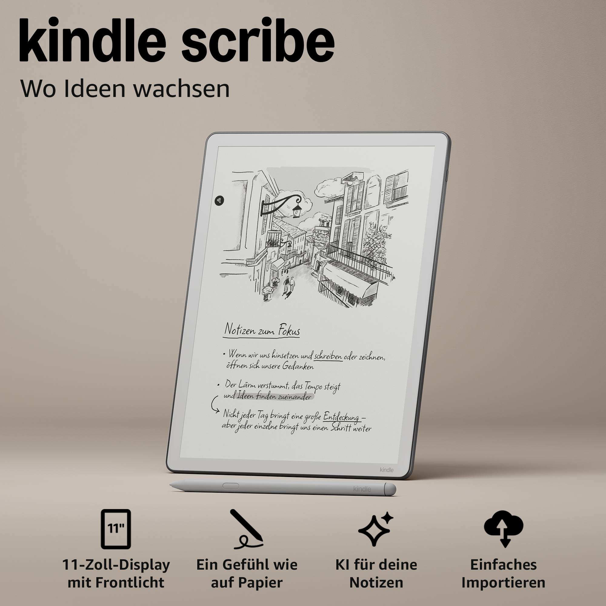Ein Kindle Scribe mit Stift, 11-Zoll-Display und Notizen-Funktionen.