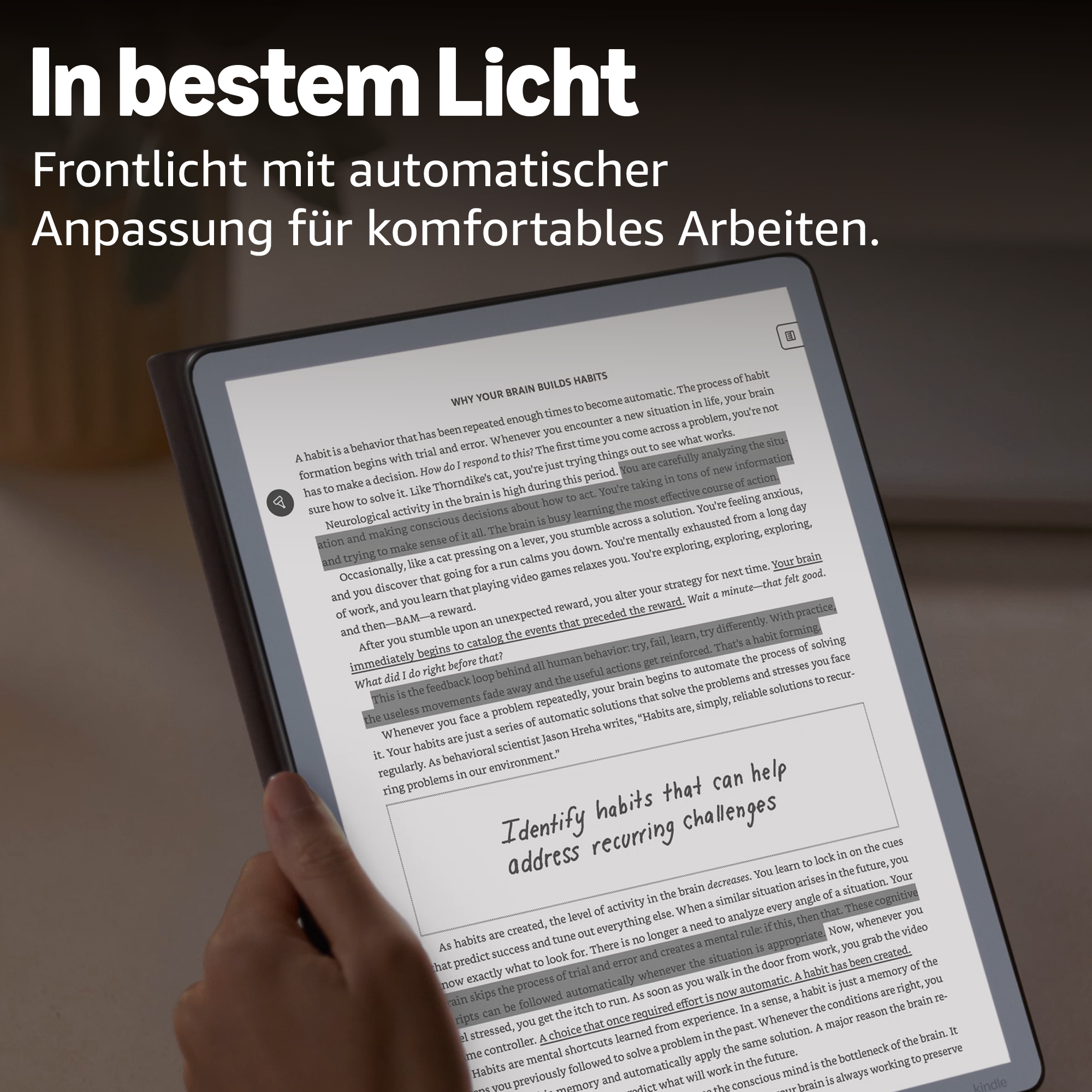 E-Reader mit Text über Gewohnheiten und Gehirn. Der Titel lautet 'In bestem Licht'.