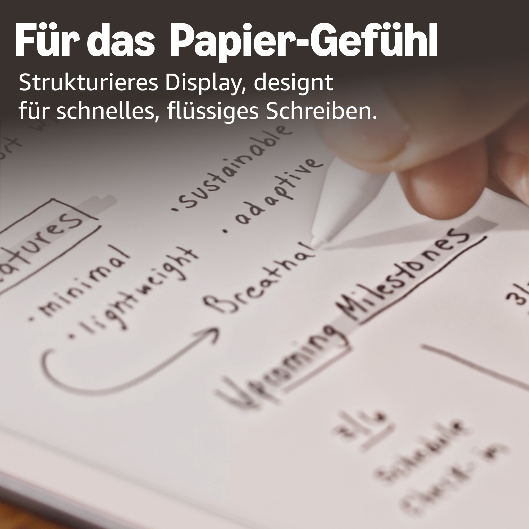 Hand schreibt Notizen auf Papier mit Stichpunkten wie 'minimal', 'adaptive' und 'Upcoming Milestones'.