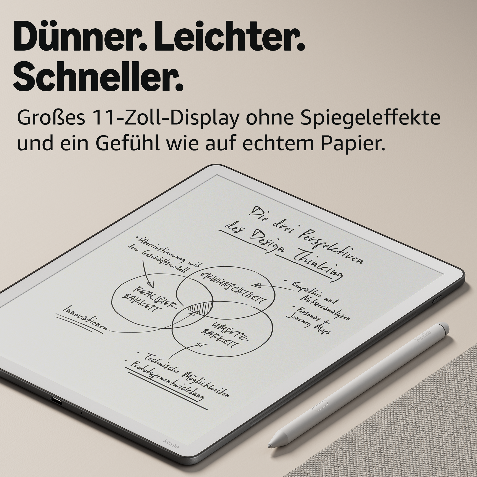 Ein Kindle E-Reader mit Stift zeigt eine Skizze zum Design Thinking an.